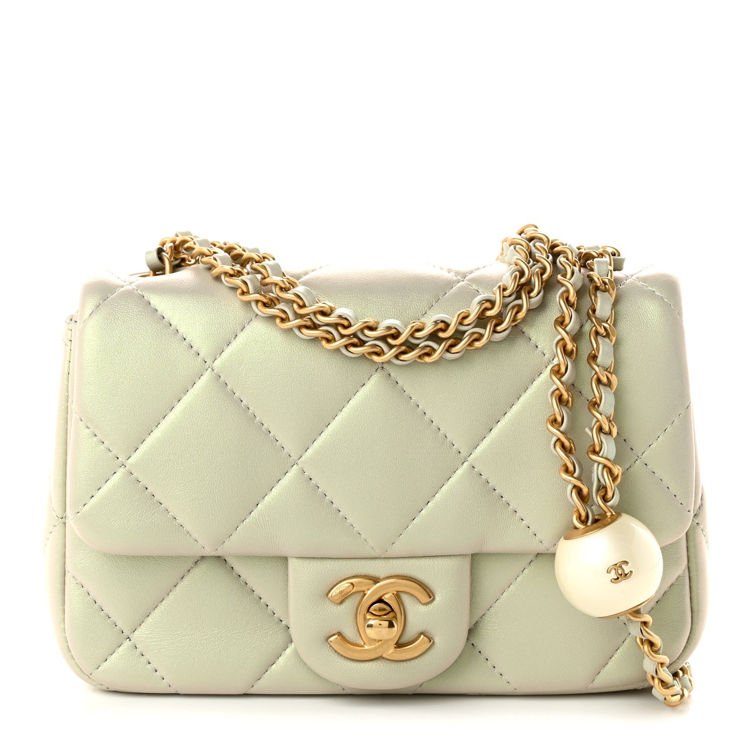 Pearly Lambskin Pearl Quilted Mini Flap Ivory