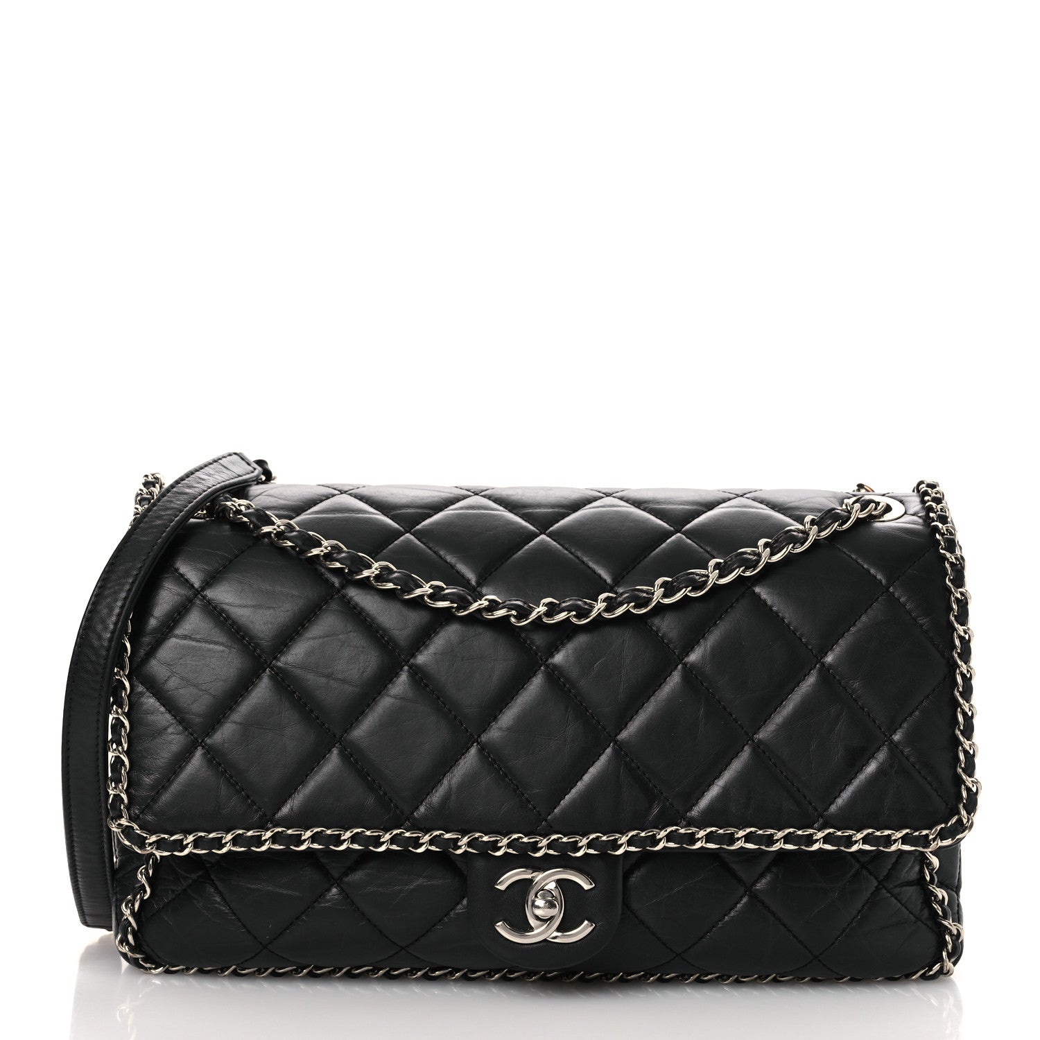 Crumpled Calfskin Quilted Large Chain Around Flap Black