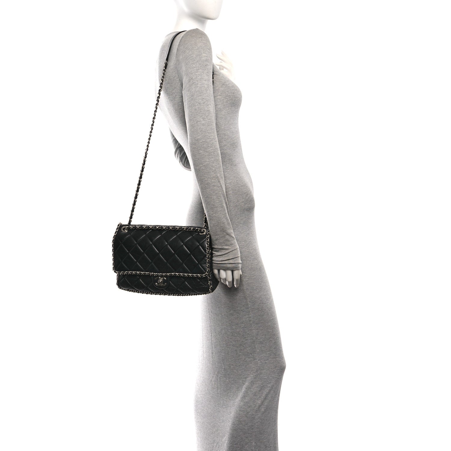 Crumpled Calfskin Quilted Large Chain Around Flap Black — view 2
