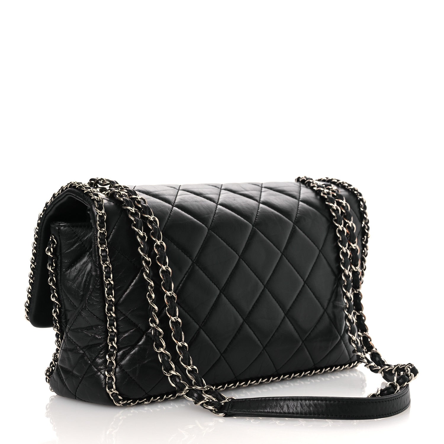 Crumpled Calfskin Quilted Large Chain Around Flap Black — view 3