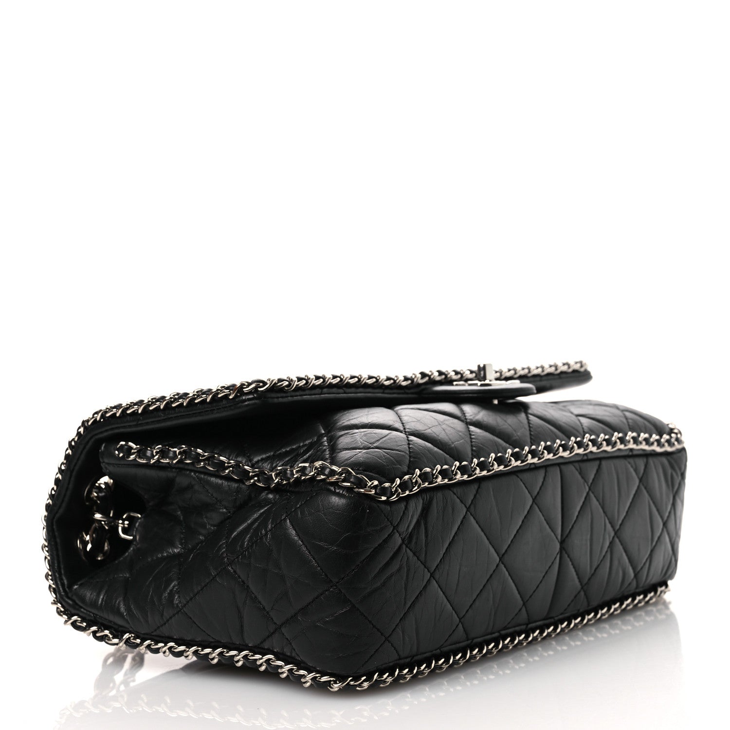 Crumpled Calfskin Quilted Large Chain Around Flap Black — view 4