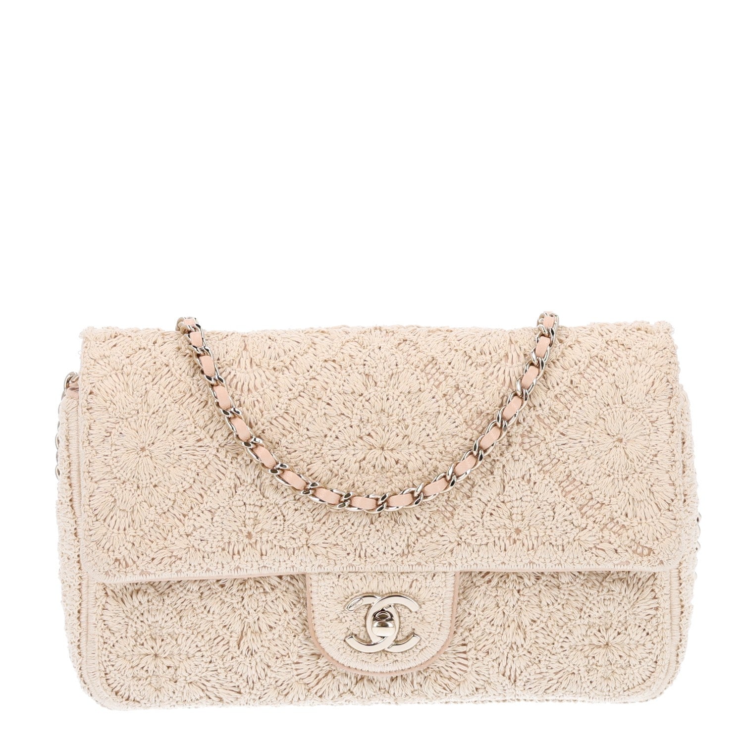 Crochet Embroidered Camelia Small Rectangular Flap Ecru