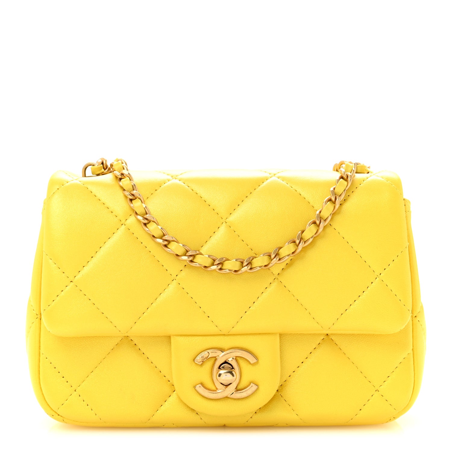 Pearly Lambskin Pearl Quilted Mini Flap Yellow