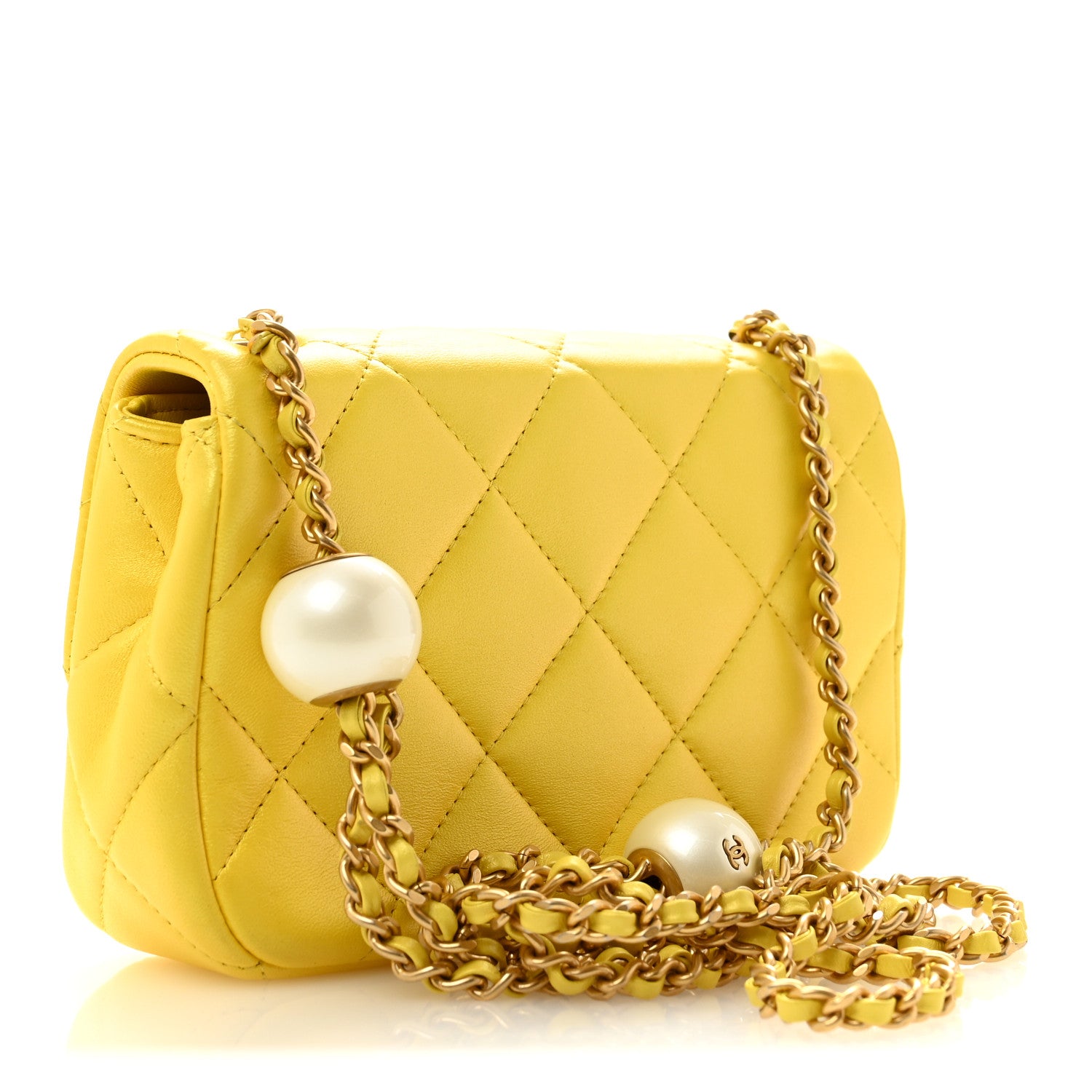 Pearly Lambskin Pearl Quilted Mini Flap Yellow — view 3