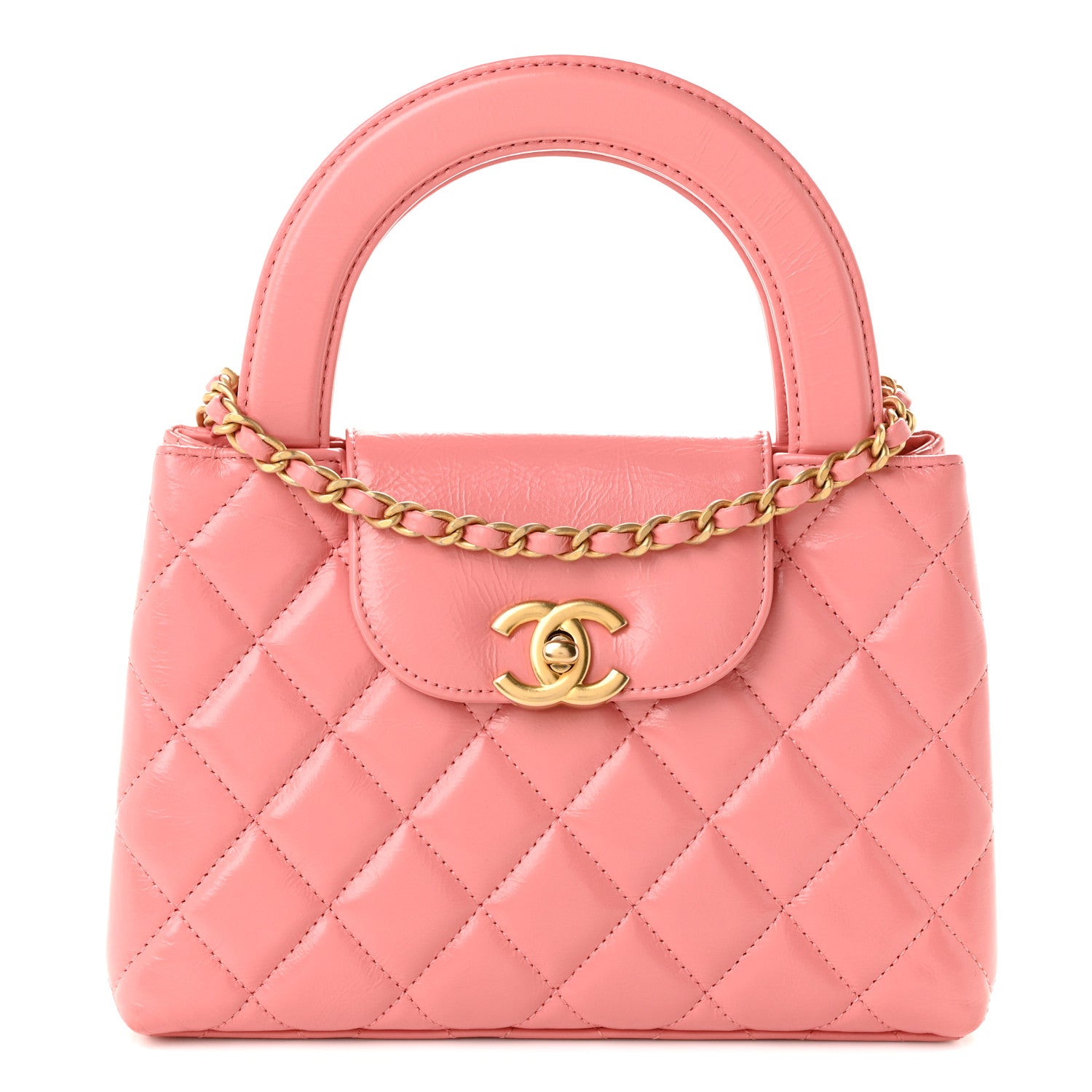 Shiny Aged Calfskin Quilted Nano Kelly Shopper Coral Pink