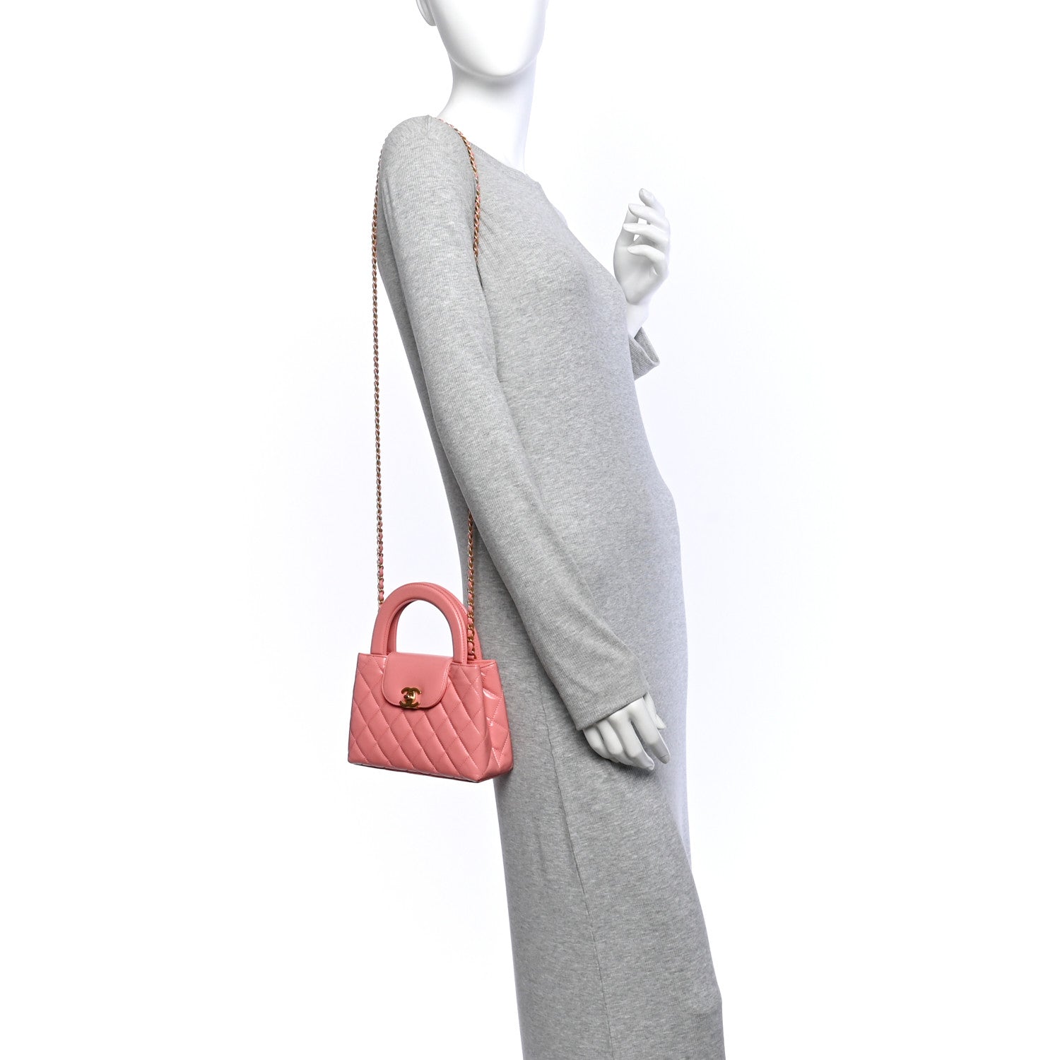 Shiny Aged Calfskin Quilted Nano Kelly Shopper Coral Pink — view 2
