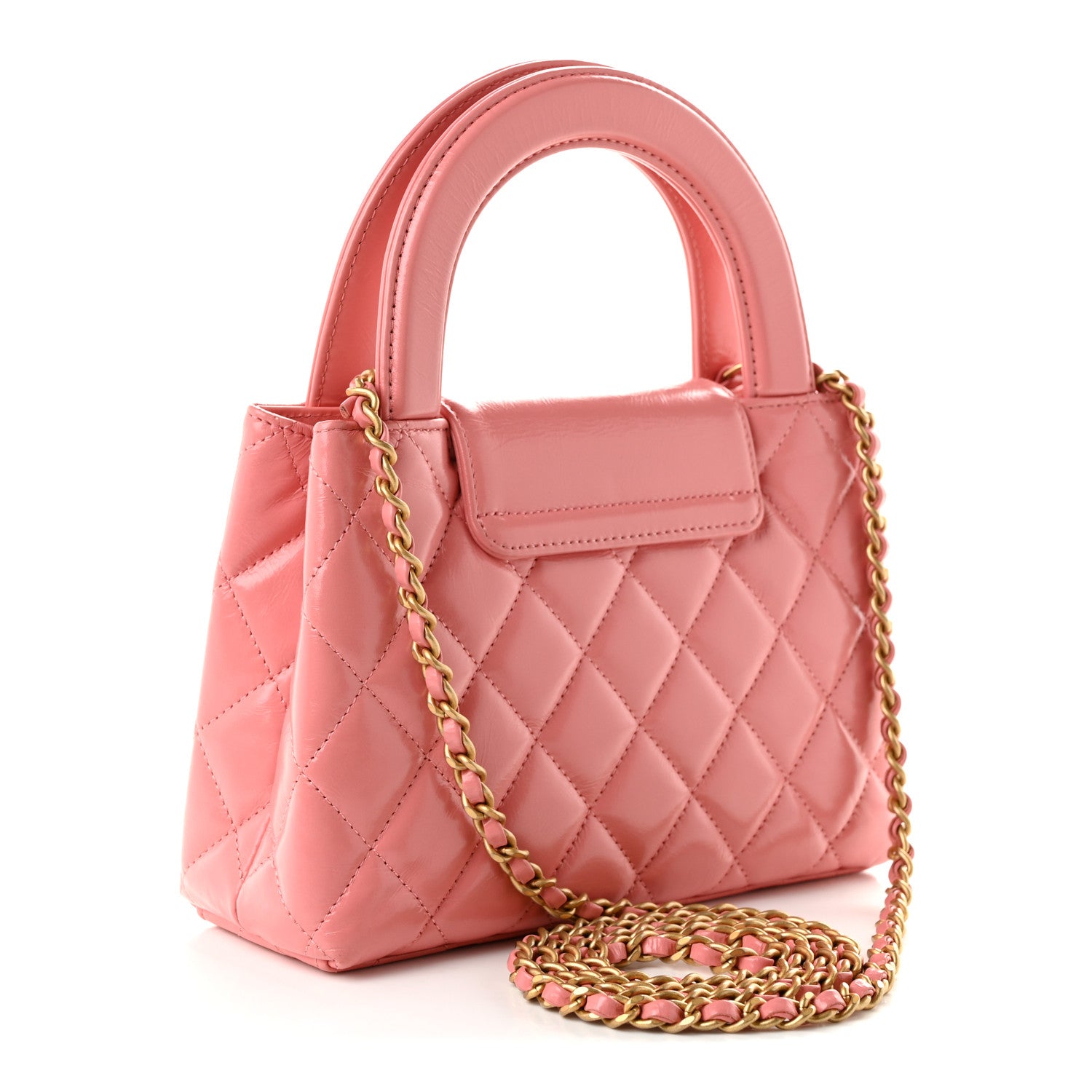 Shiny Aged Calfskin Quilted Nano Kelly Shopper Coral Pink — view 3