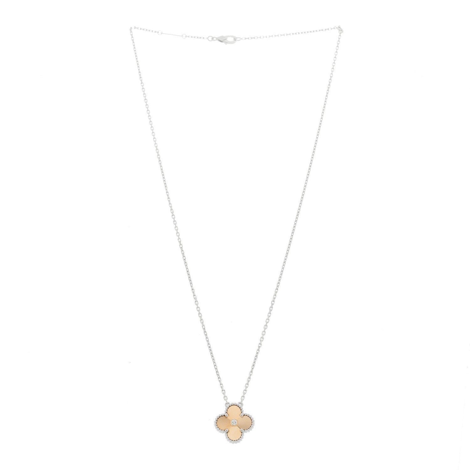 18K White Rose Gold Diamond Guilloche Vintage Alhambra Pendant Necklace