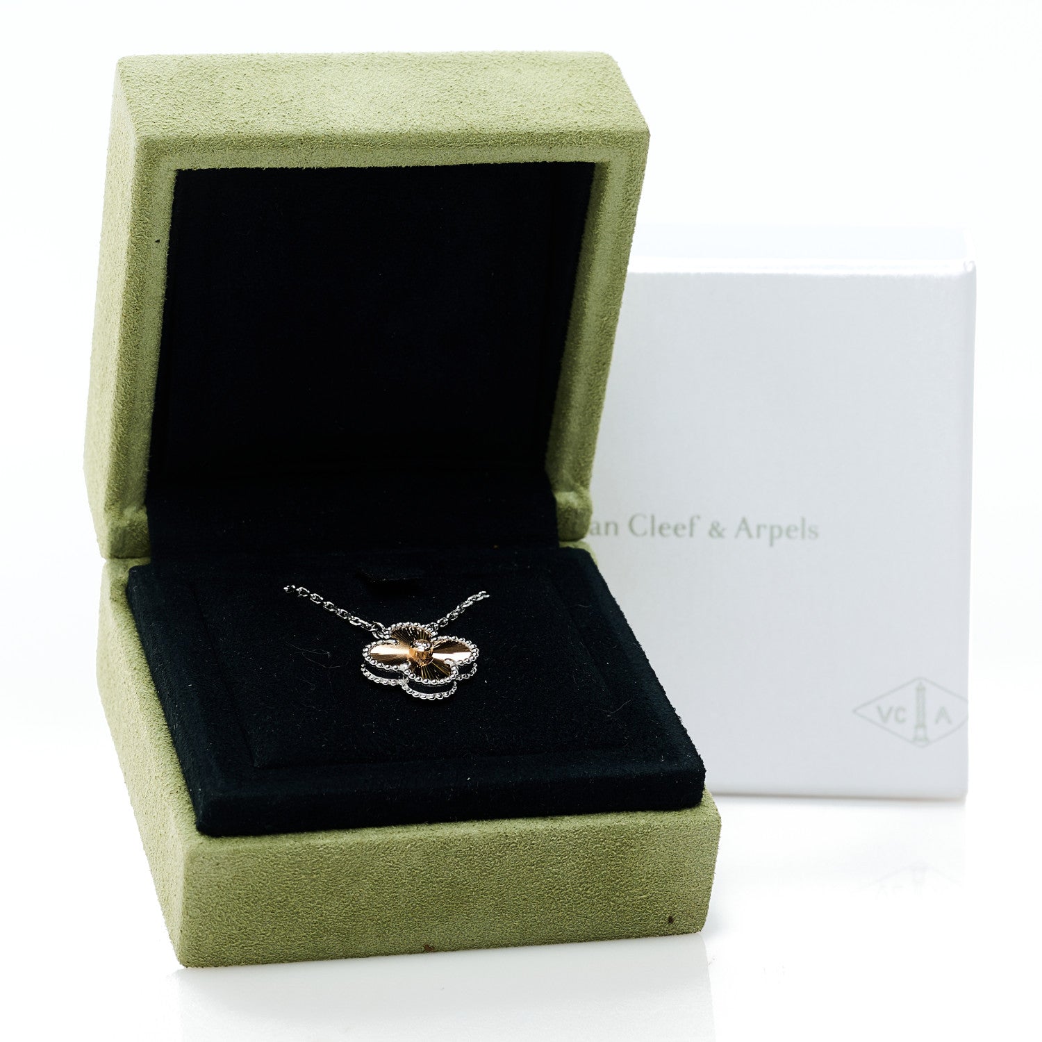 18K White Rose Gold Diamond Guilloche Vintage Alhambra Pendant Necklace — view 5