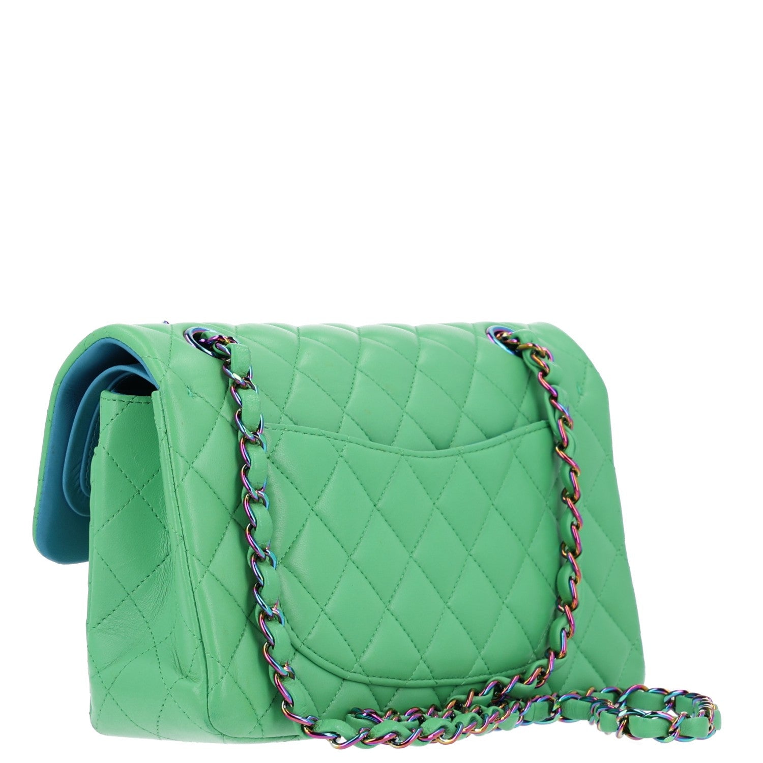 Lambskin Quilted Small Double Flap Green Blue — view 3