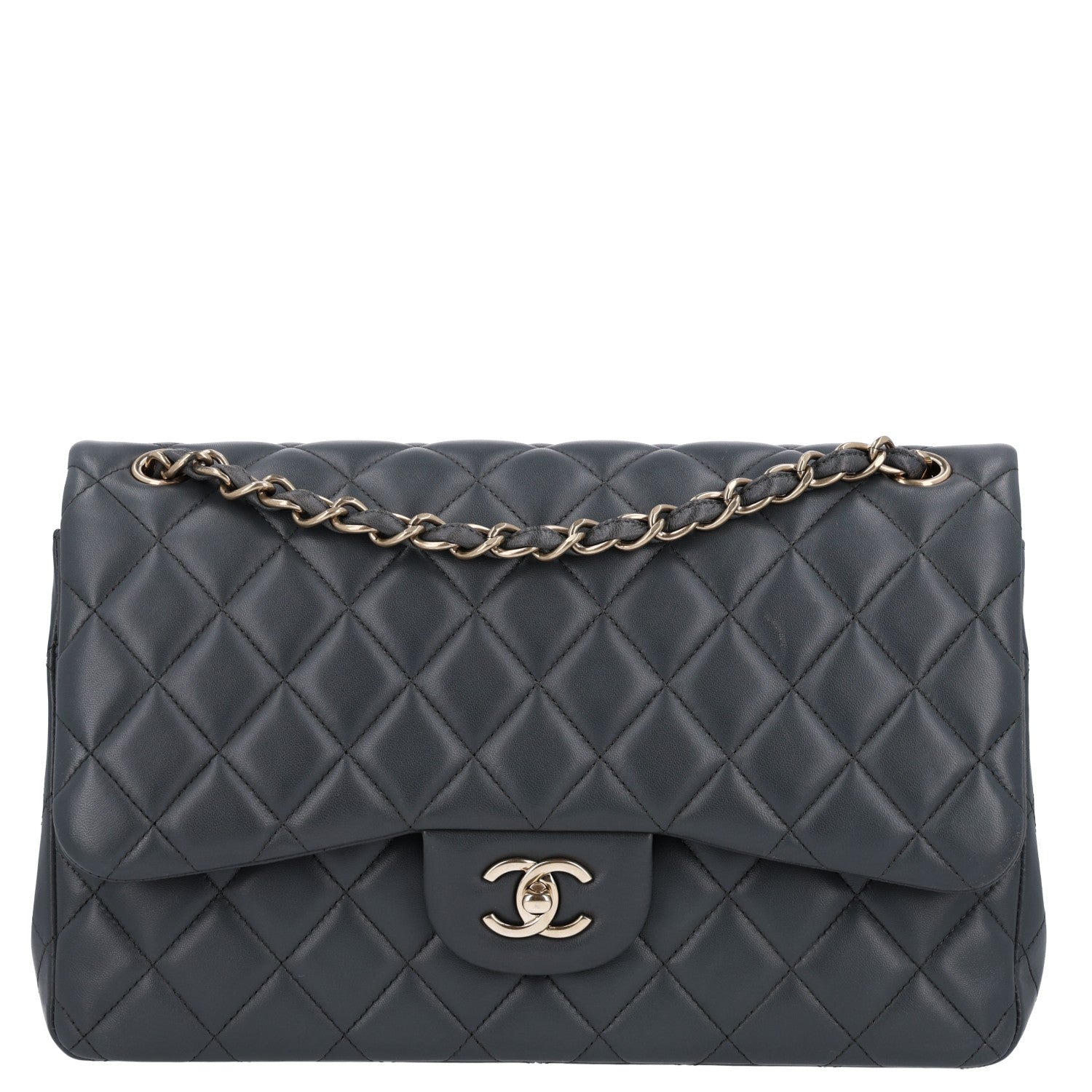 Lambskin Quilted Jumbo Double Flap Dark Grey