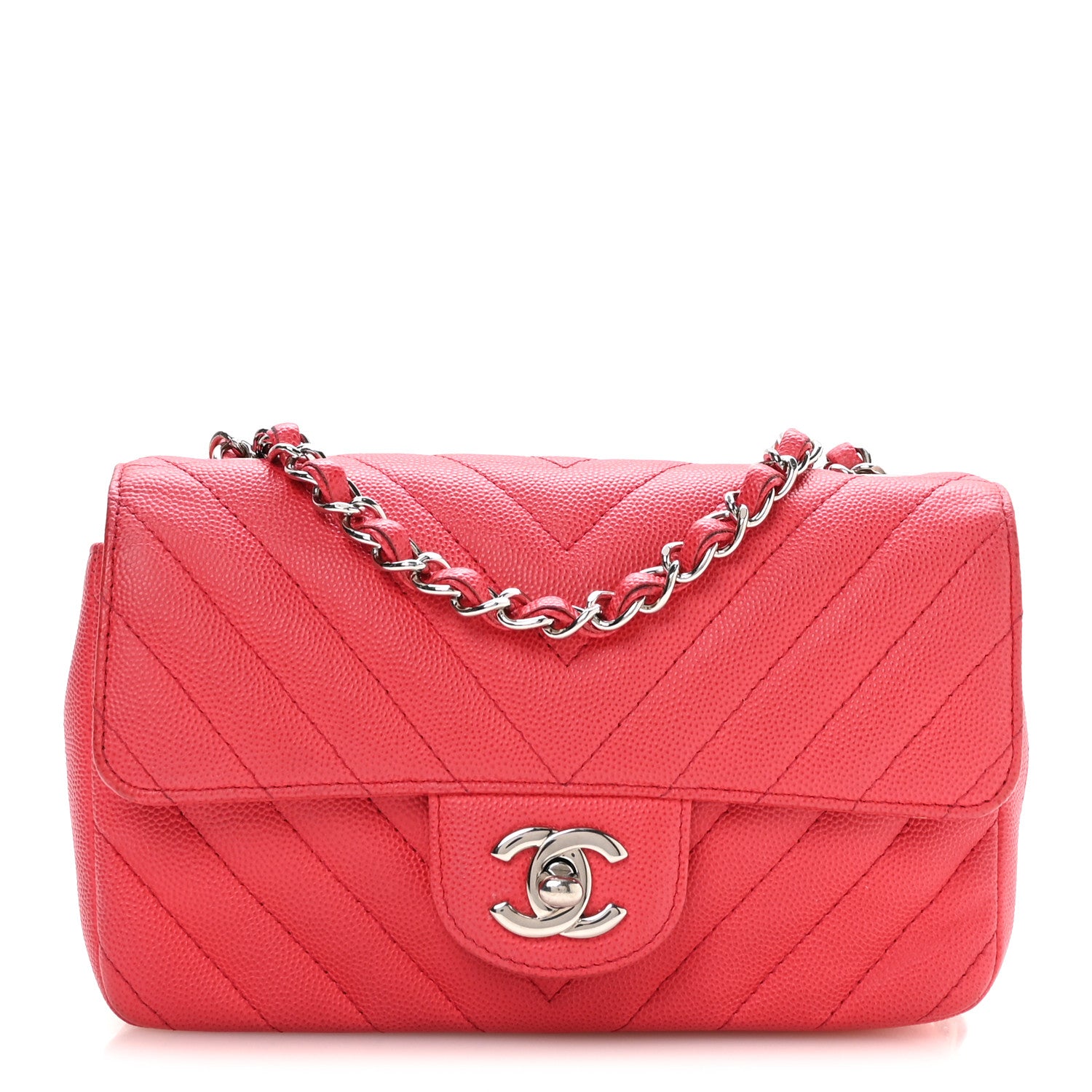 Caviar Chevron Quilted Mini Rectangular Flap Dark Pink