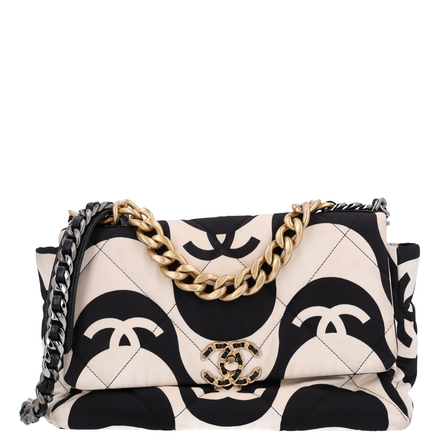 Fabric Printed Large Chanel 19 Flap Black Ecru