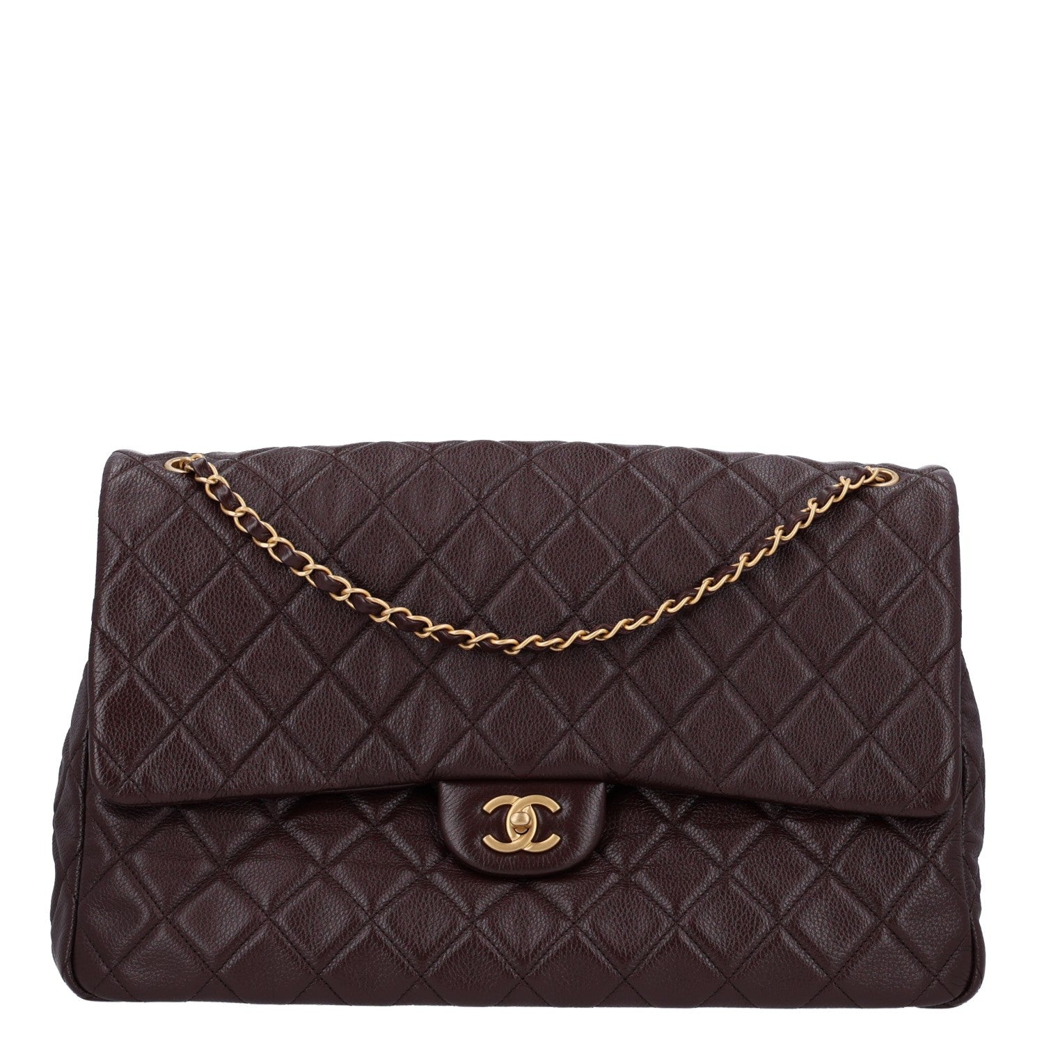 Grained Calfskin Quilted XXL Travel Flap Bag Burgundy
