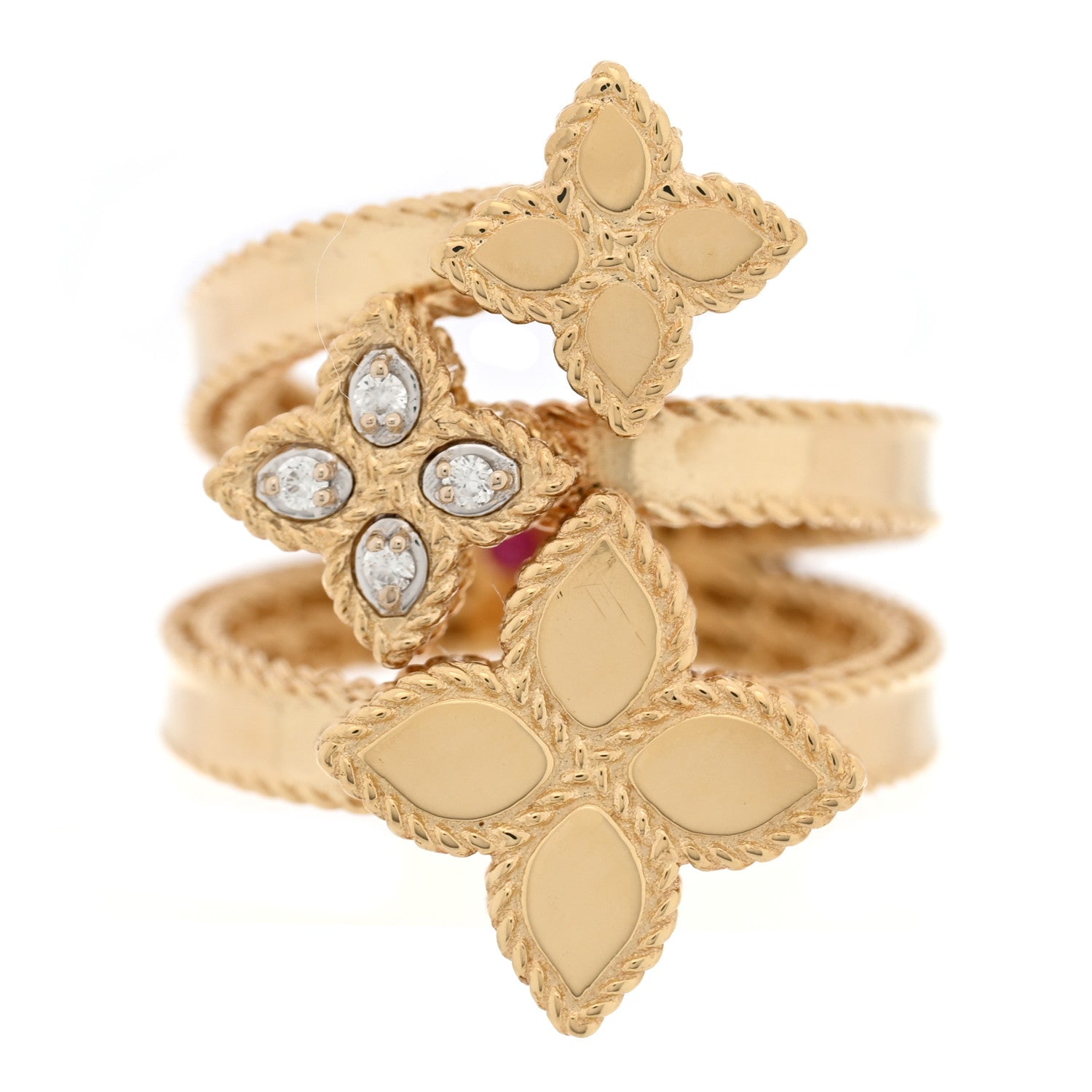 18K Yellow Gold Diamond Princess Flower Three Flower Ring