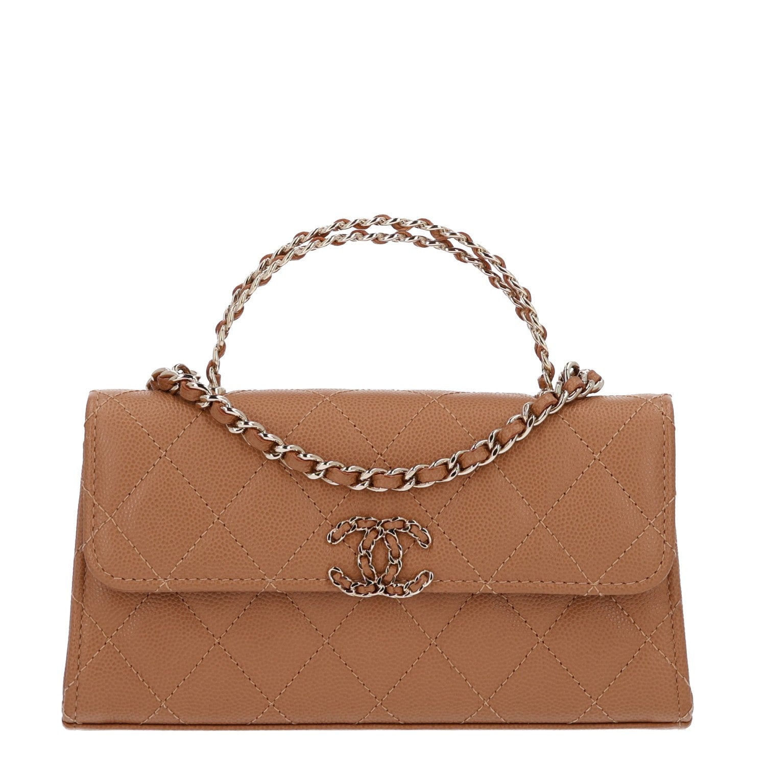 Caviar Quilted Chain Match Top Handle Phone Holder With Chain Beige