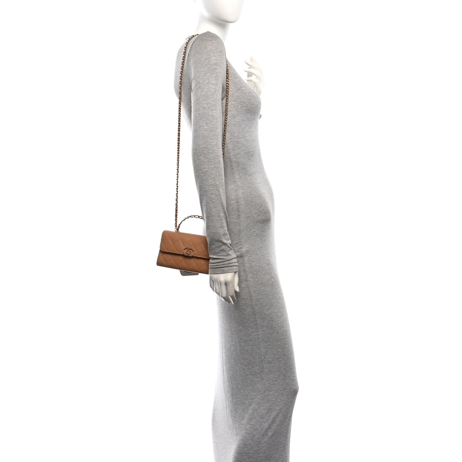 Caviar Quilted Chain Match Top Handle Phone Holder With Chain Beige — view 3