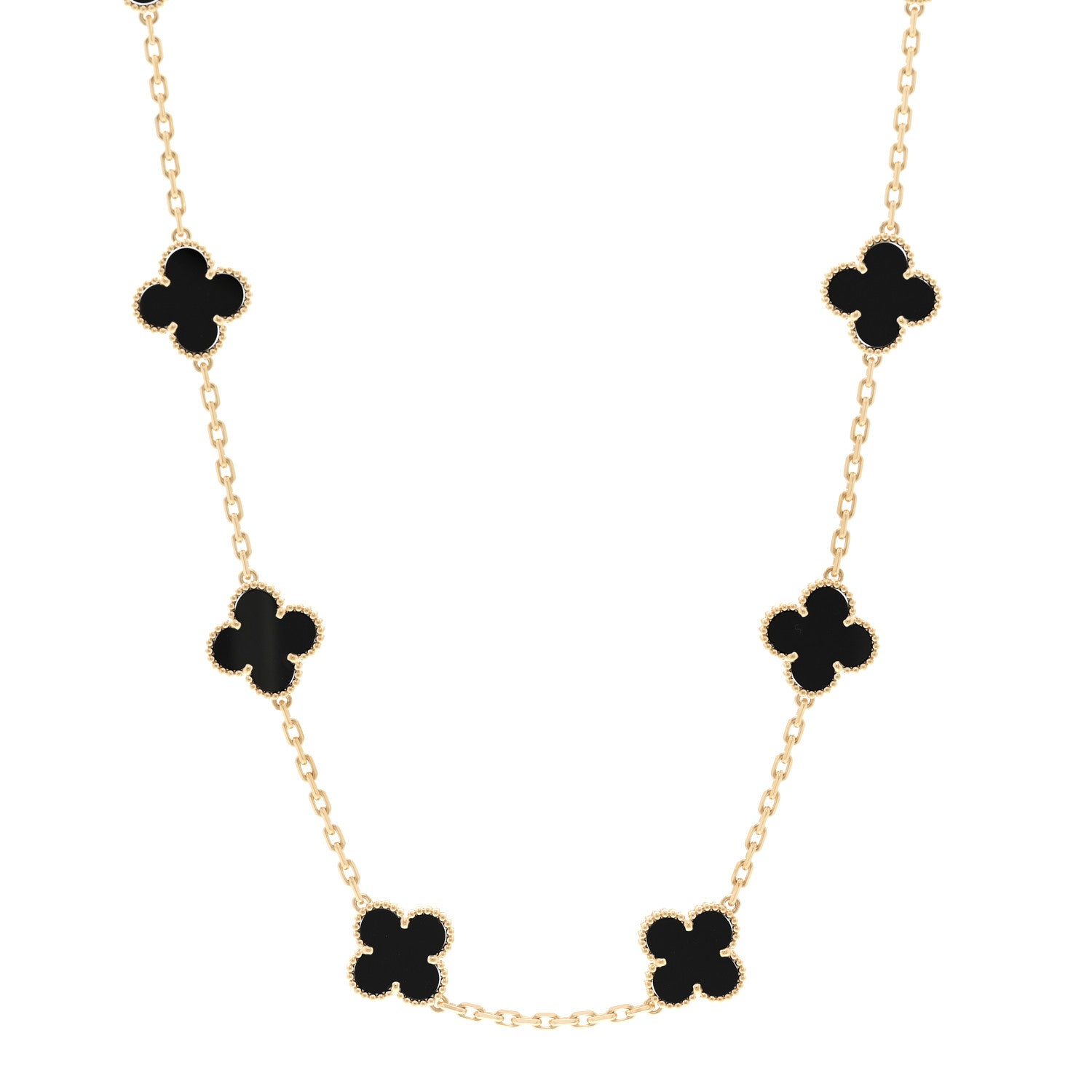 18K Yellow Gold Black Onyx 10 Motifs Vintage Alhambra Necklace