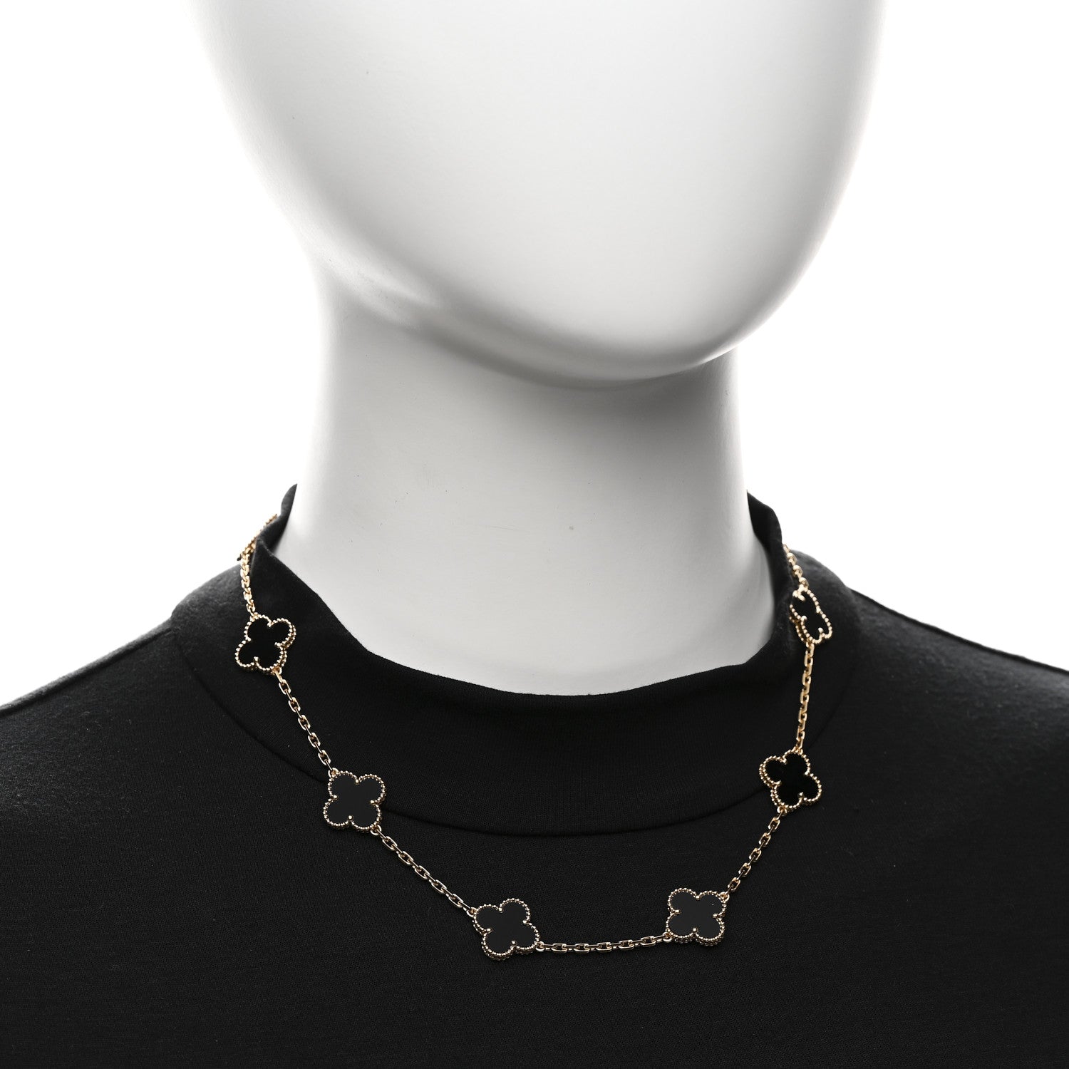 18K Yellow Gold Black Onyx 10 Motifs Vintage Alhambra Necklace — view 2
