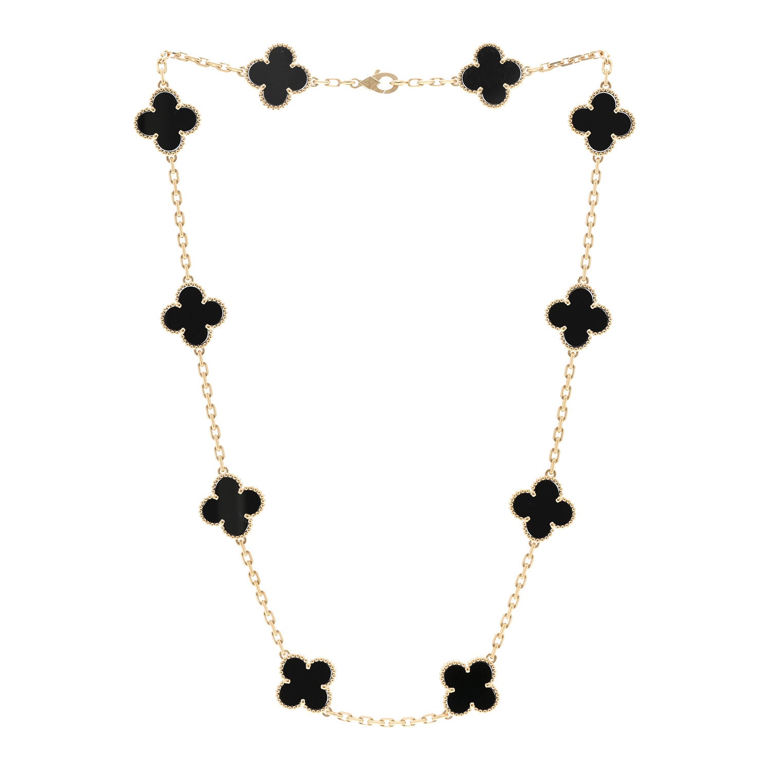 18K Yellow Gold Black Onyx 10 Motifs Vintage Alhambra Necklace — view 3