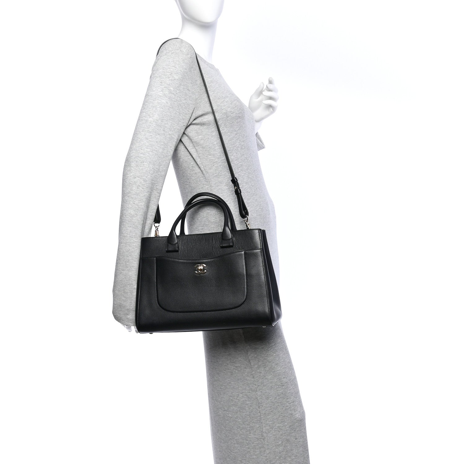 Grained Calfskin Small Neo Executive Shopper Tote Black — view 2