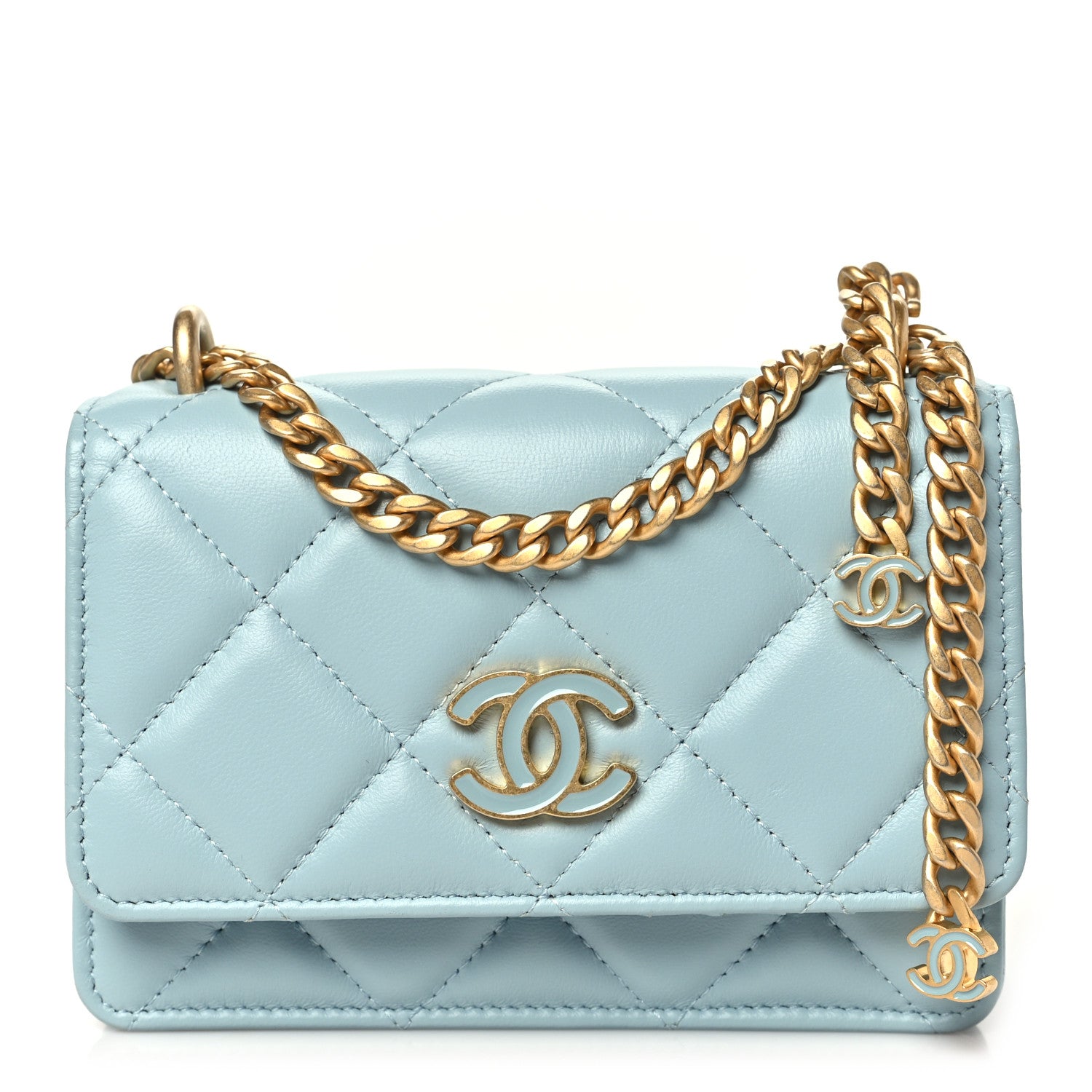 Lambskin Enamel Quilted Pending CC Clutch With Chain Light Blue