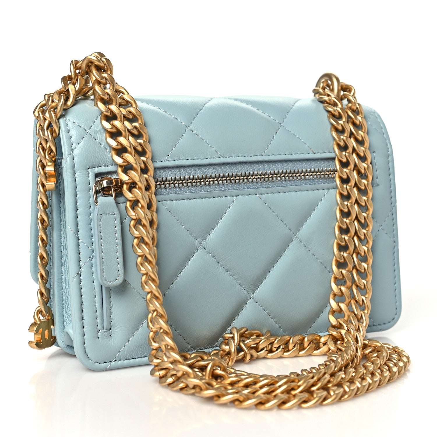 Lambskin Enamel Quilted Pending CC Clutch With Chain Light Blue — view 2