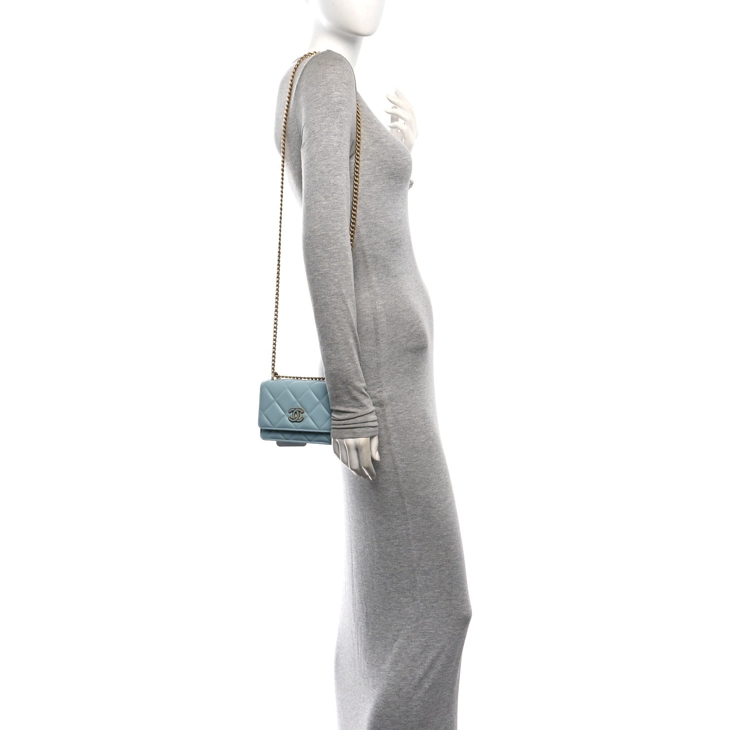 Lambskin Enamel Quilted Pending CC Clutch With Chain Light Blue — view 3
