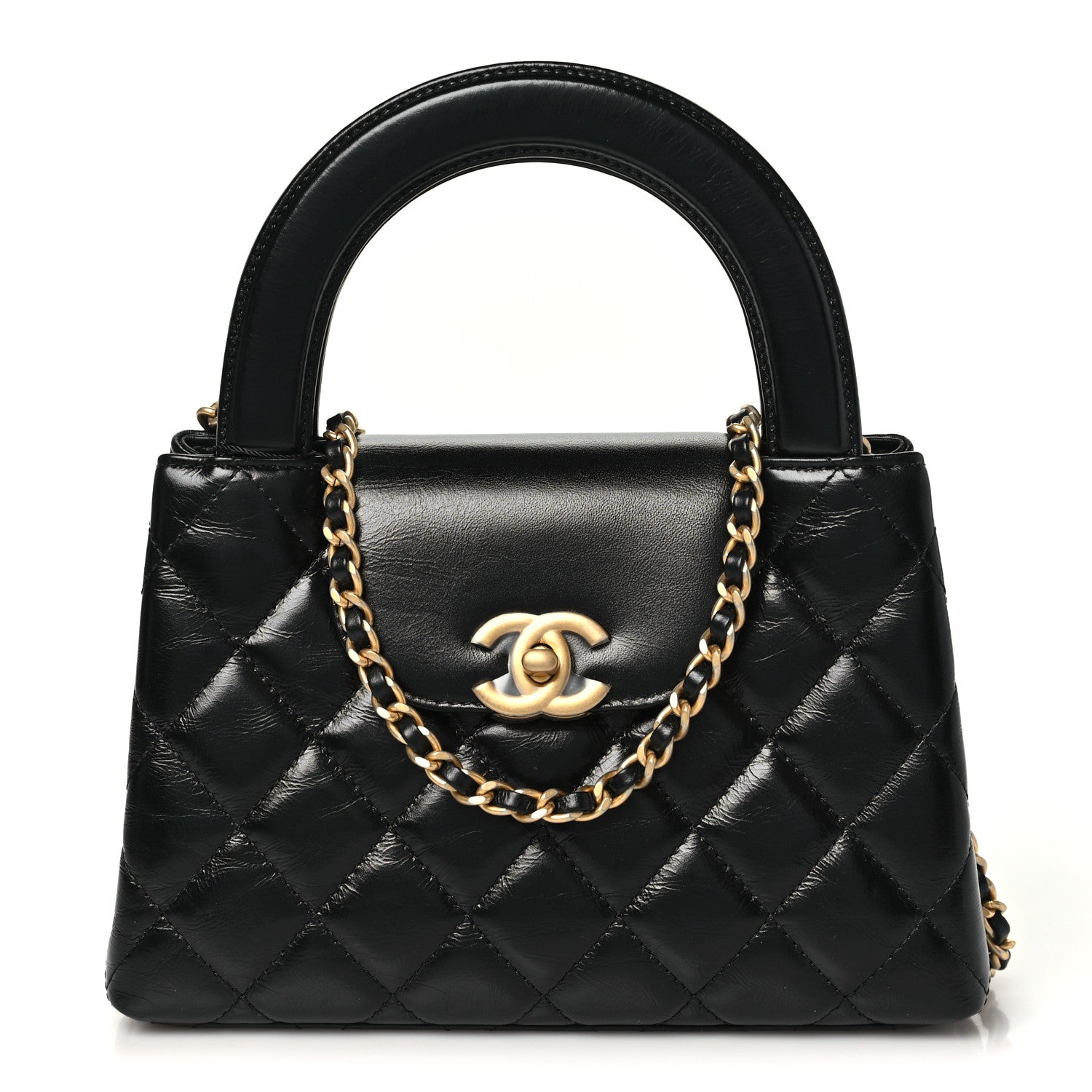 Shiny Aged Calfskin Quilted Nano Kelly Shopper Black