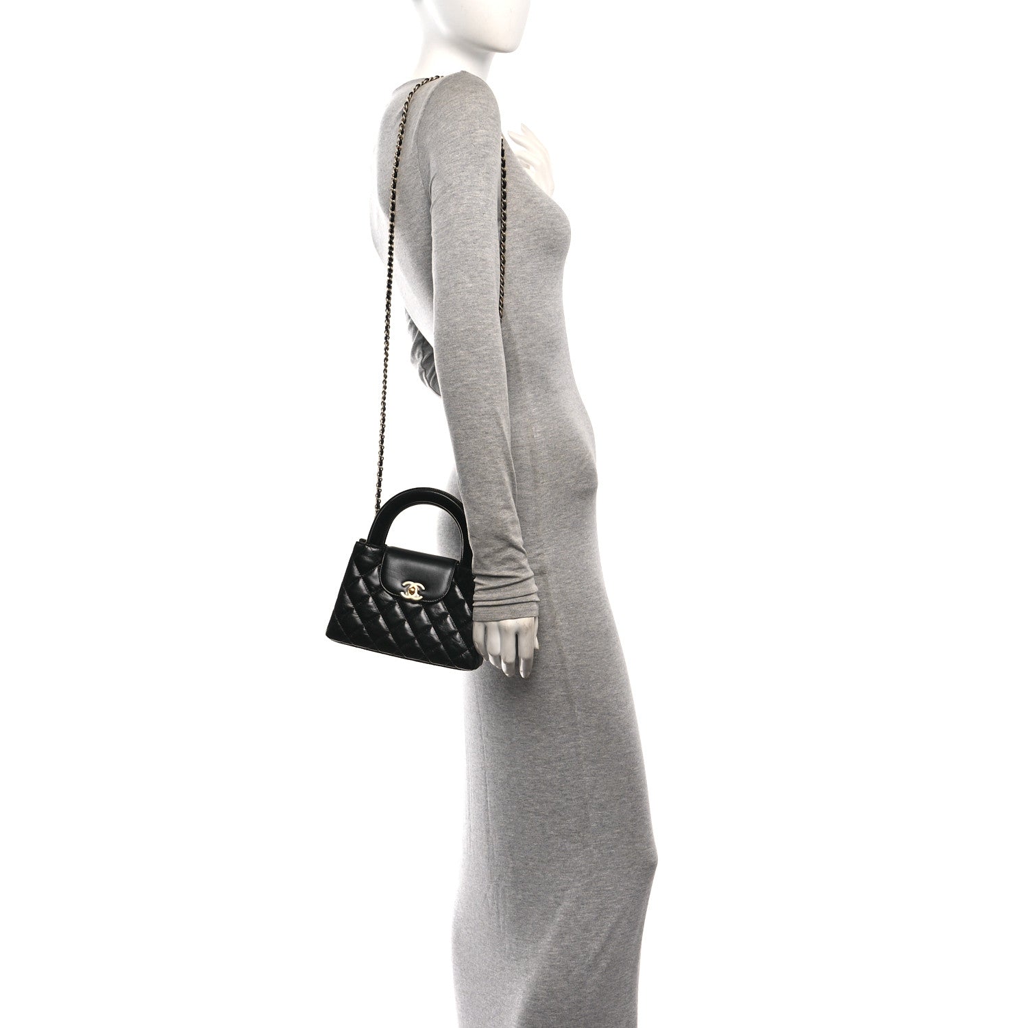 Shiny Aged Calfskin Quilted Nano Kelly Shopper Black — view 2