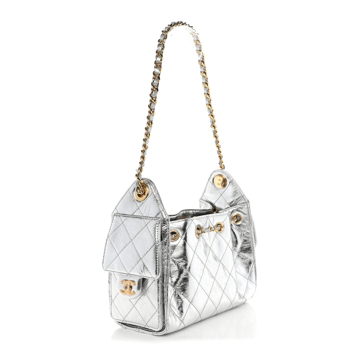 Metallic Aged Calfskin Quilted Mini Chanel 25 Handbag Silver — view 3