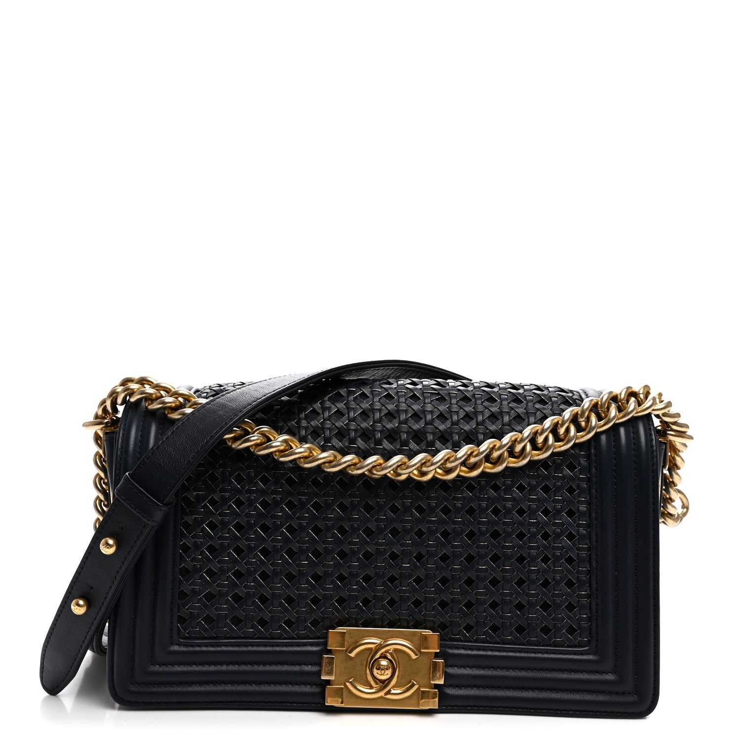 Lambskin Braided Woven Medium Boy Flap Navy — view 1