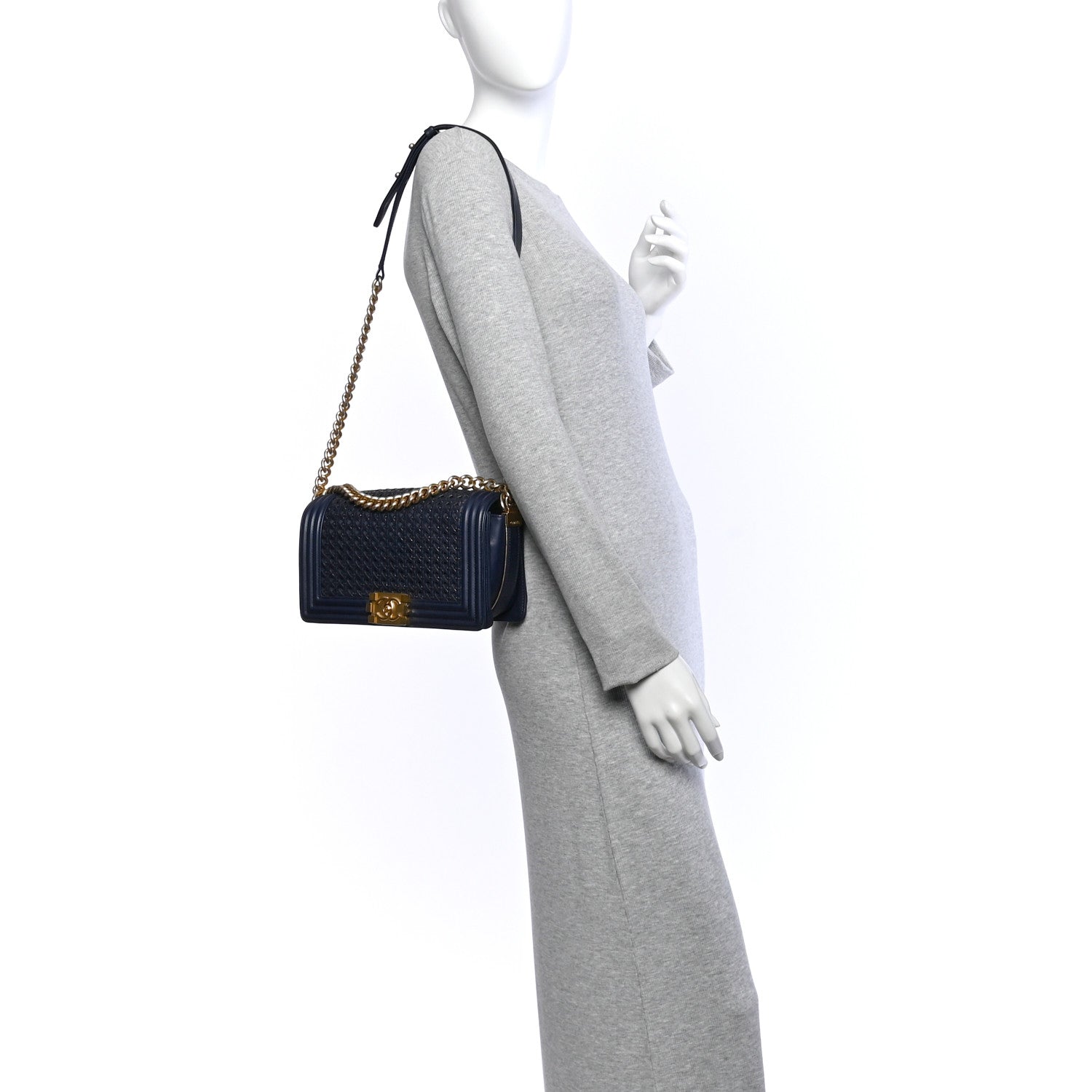 Lambskin Braided Woven Medium Boy Flap Navy — view 2