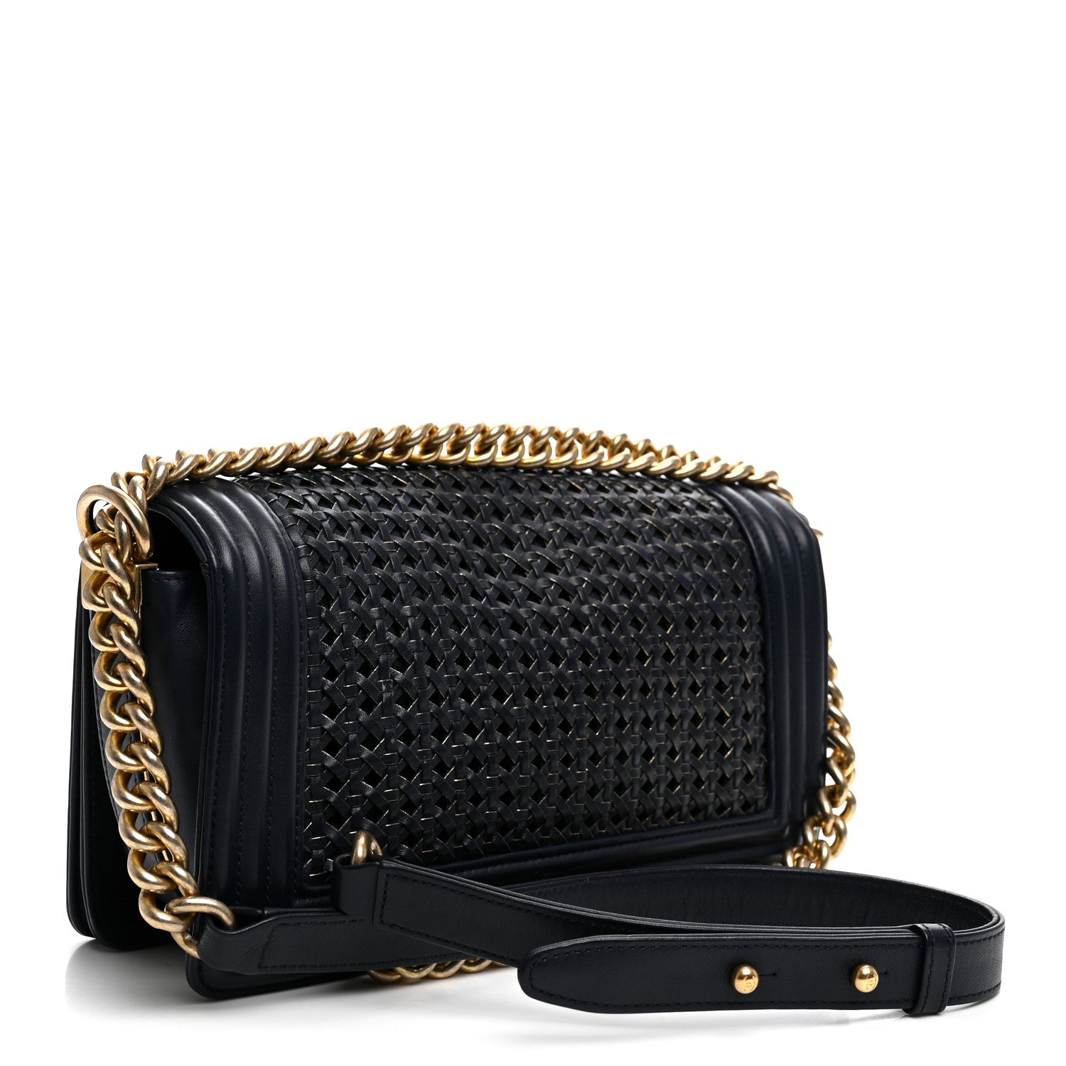 Lambskin Braided Woven Medium Boy Flap Navy — view 3