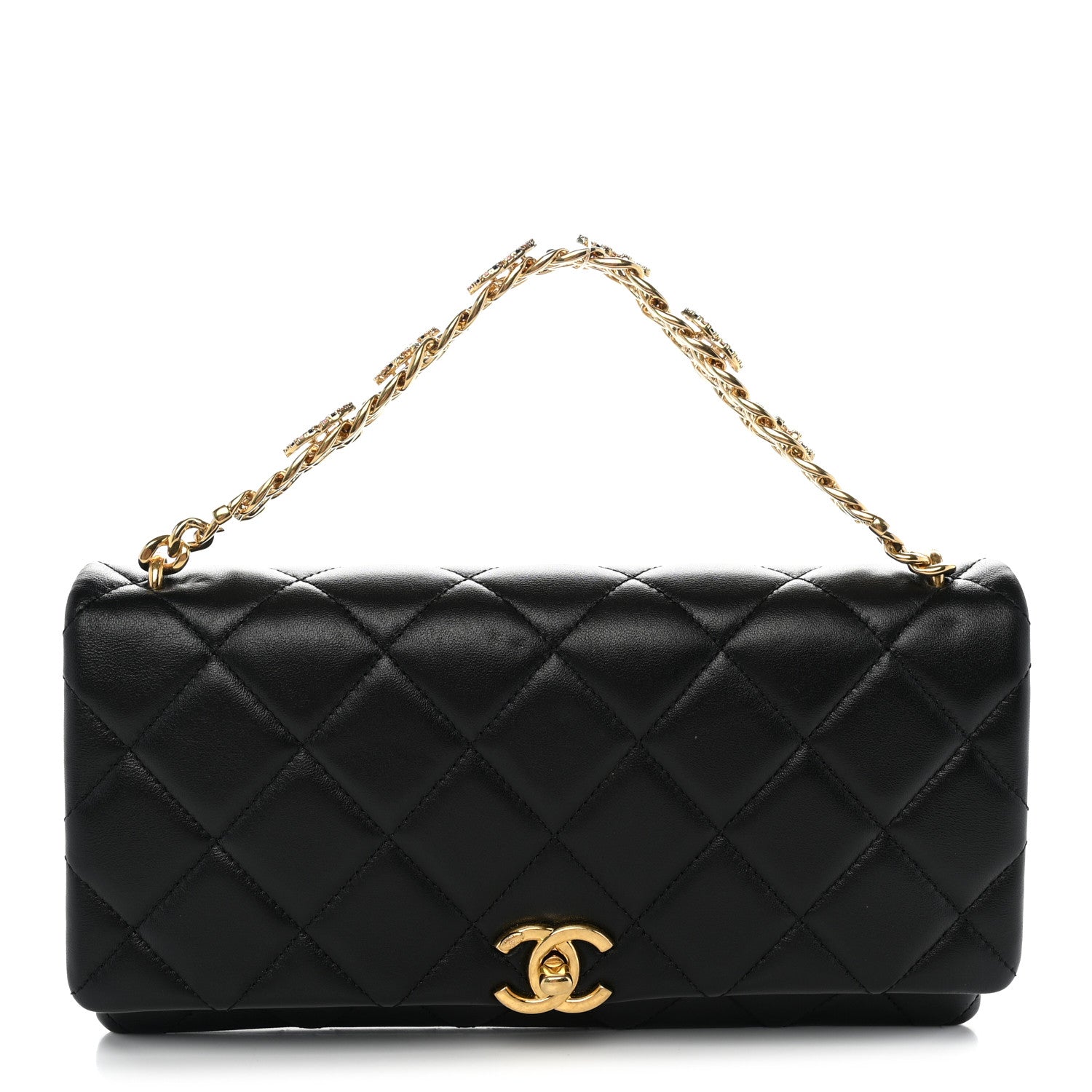 Lambskin Quilted Crystal Chain Flap Clutch Black