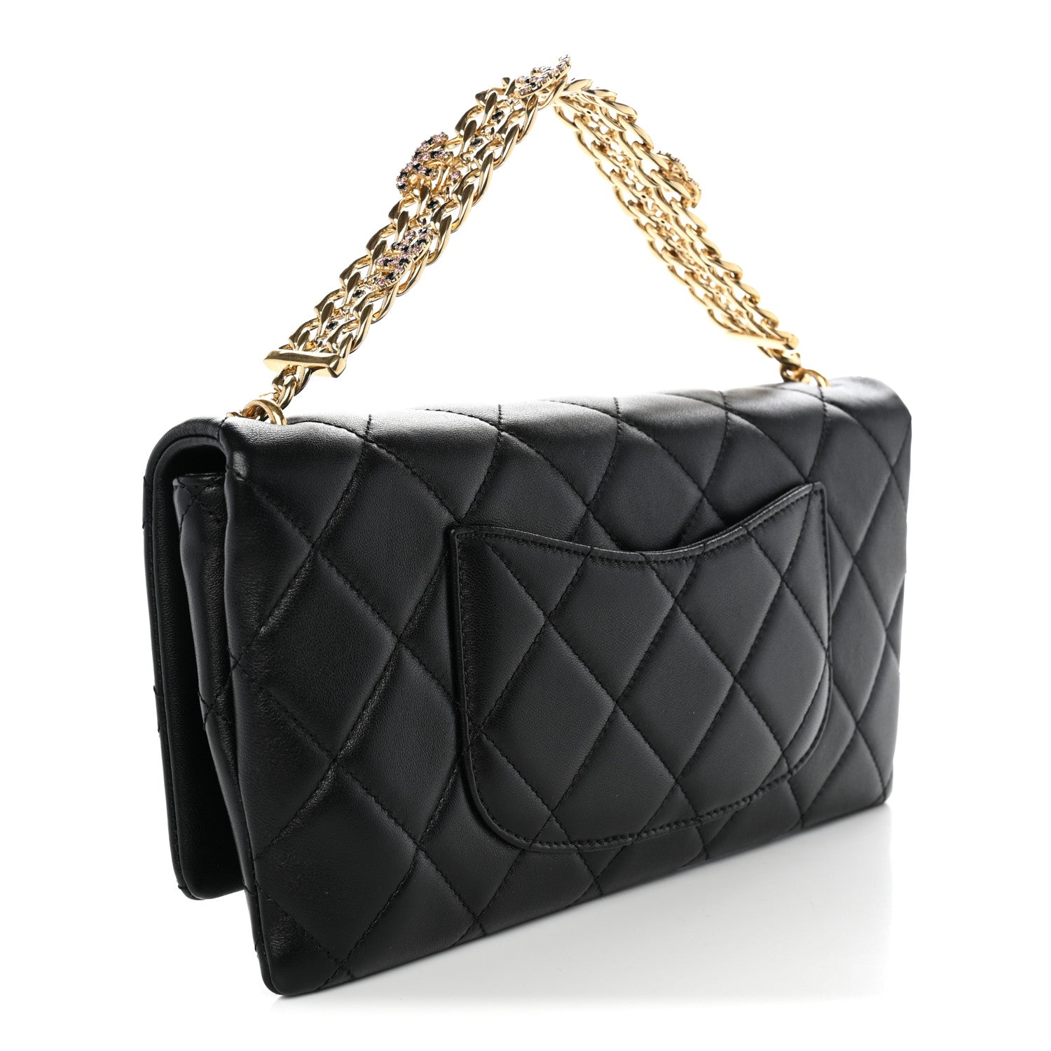 Lambskin Quilted Crystal Chain Flap Clutch Black — view 3