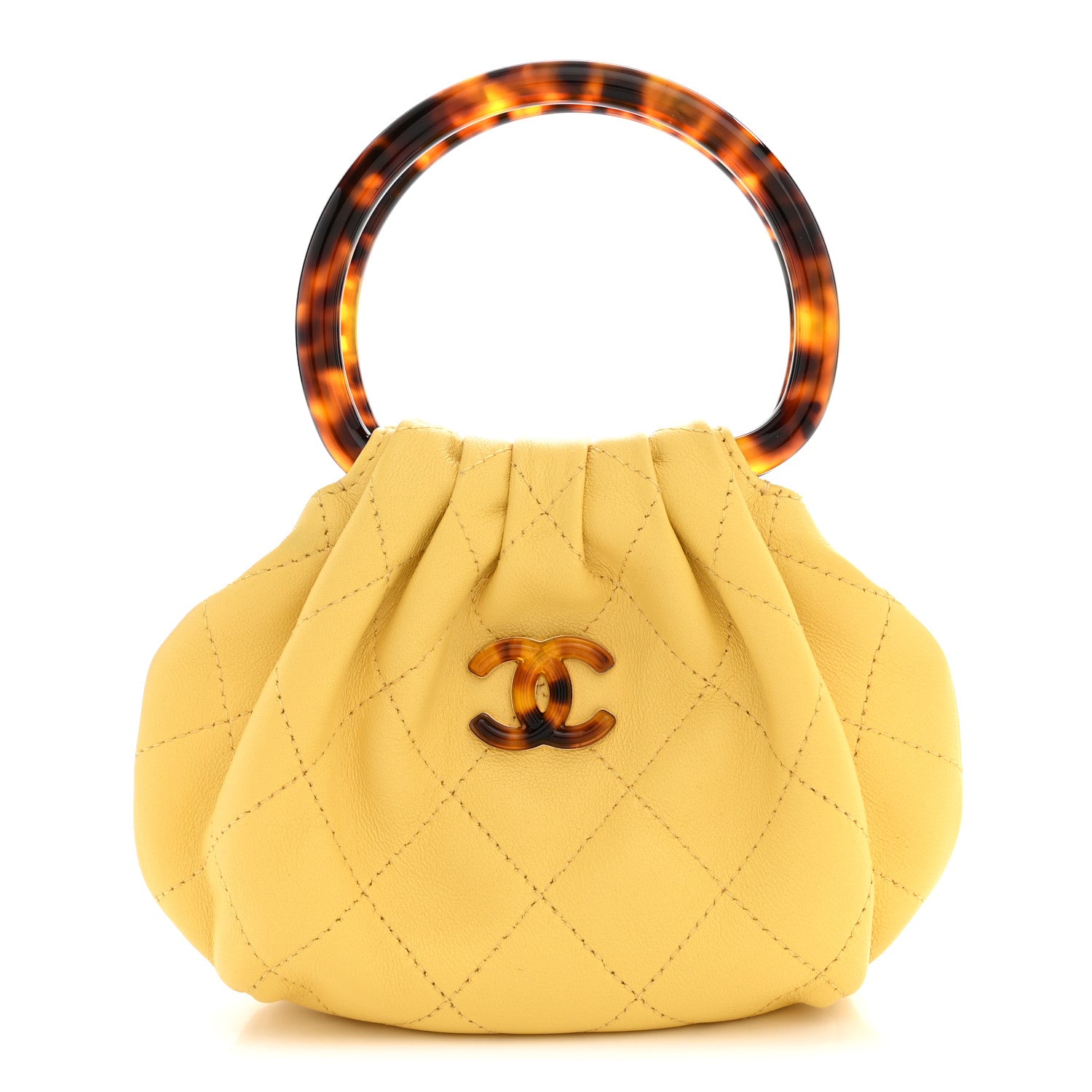 Lambskin Plexiglass Tortoise Shell Quilted Mini Pouch Yellow