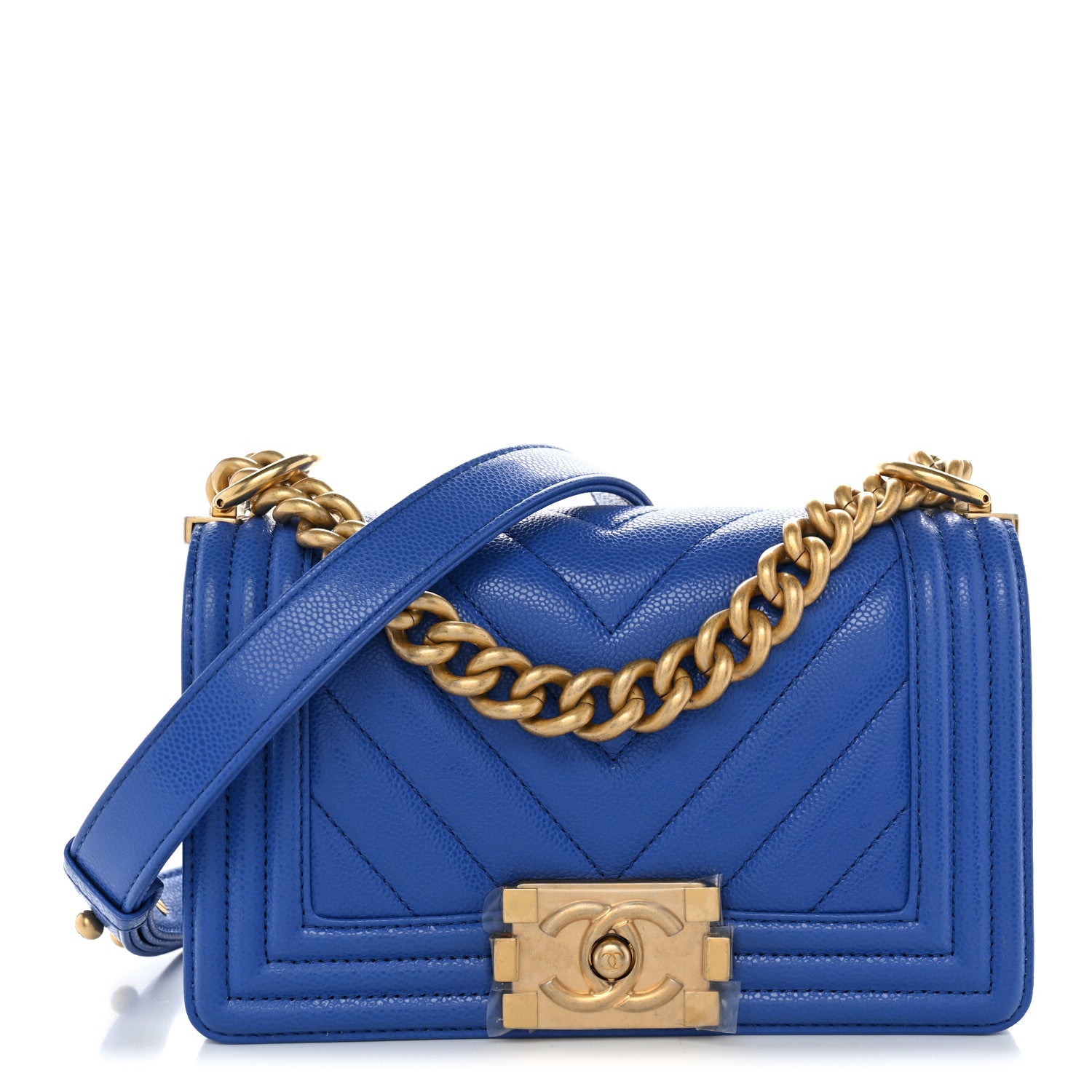 Caviar Chevron Quilted Small Boy Flap Blue
