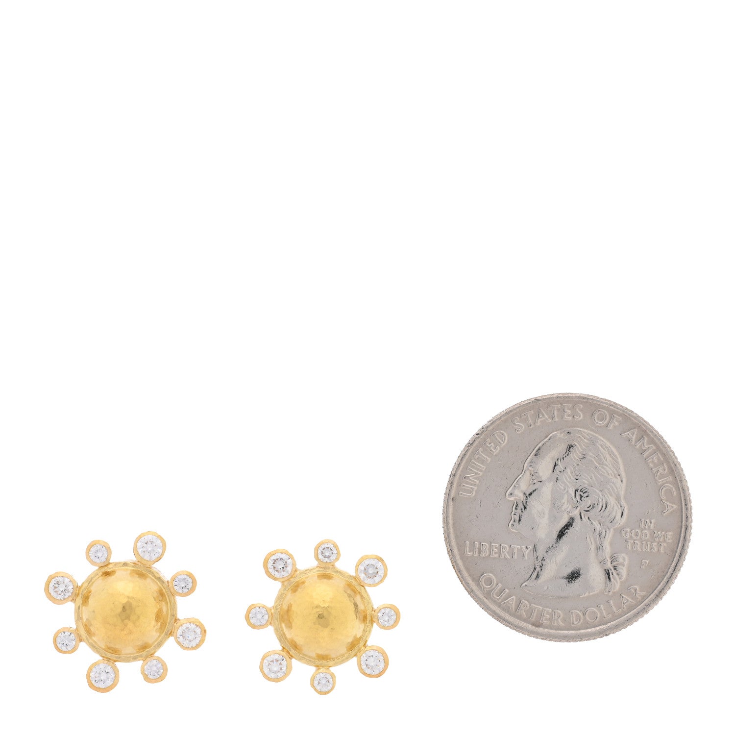 18K Yellow Gold Diamond Hammered Dome Stud Earrings — view 2