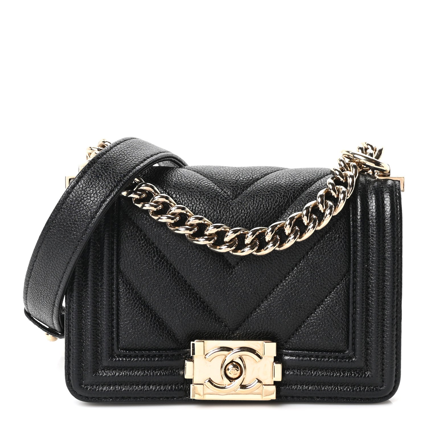 Caviar Chevron Quilted Mini Boy Flap Black
