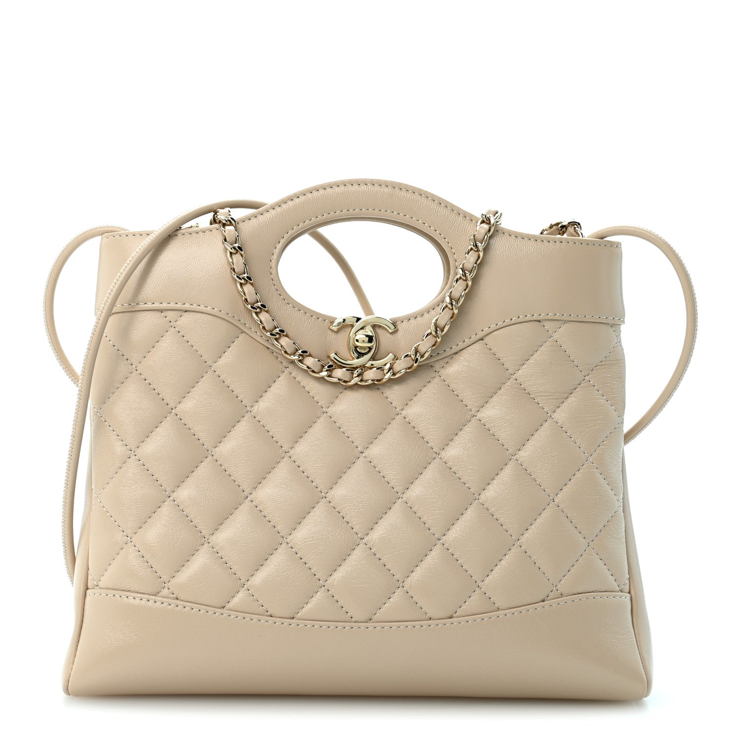Shiny Crumpled Calfskin Quilted Mini 31 Shopping Bag  Beige