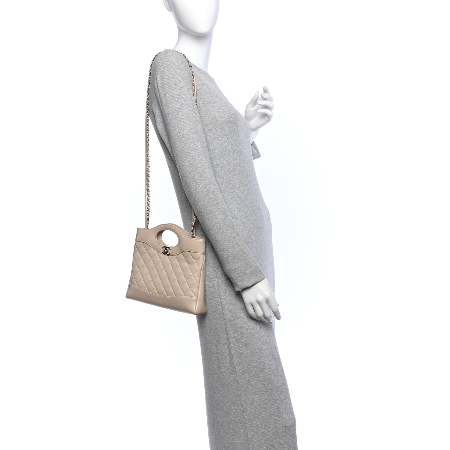 Shiny Crumpled Calfskin Quilted Mini 31 Shopping Bag Beige — view 2