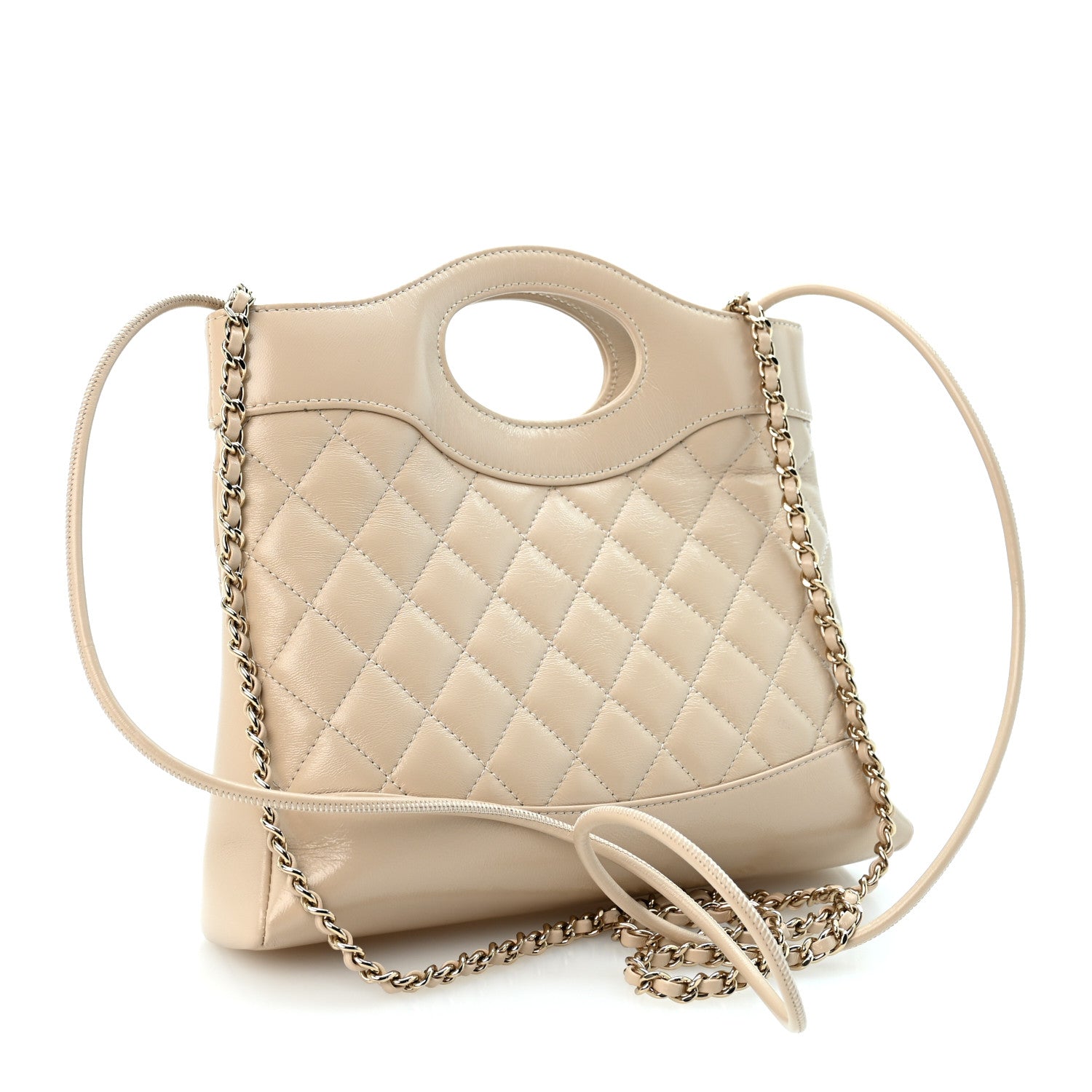 Shiny Crumpled Calfskin Quilted Mini 31 Shopping Bag Beige — view 3