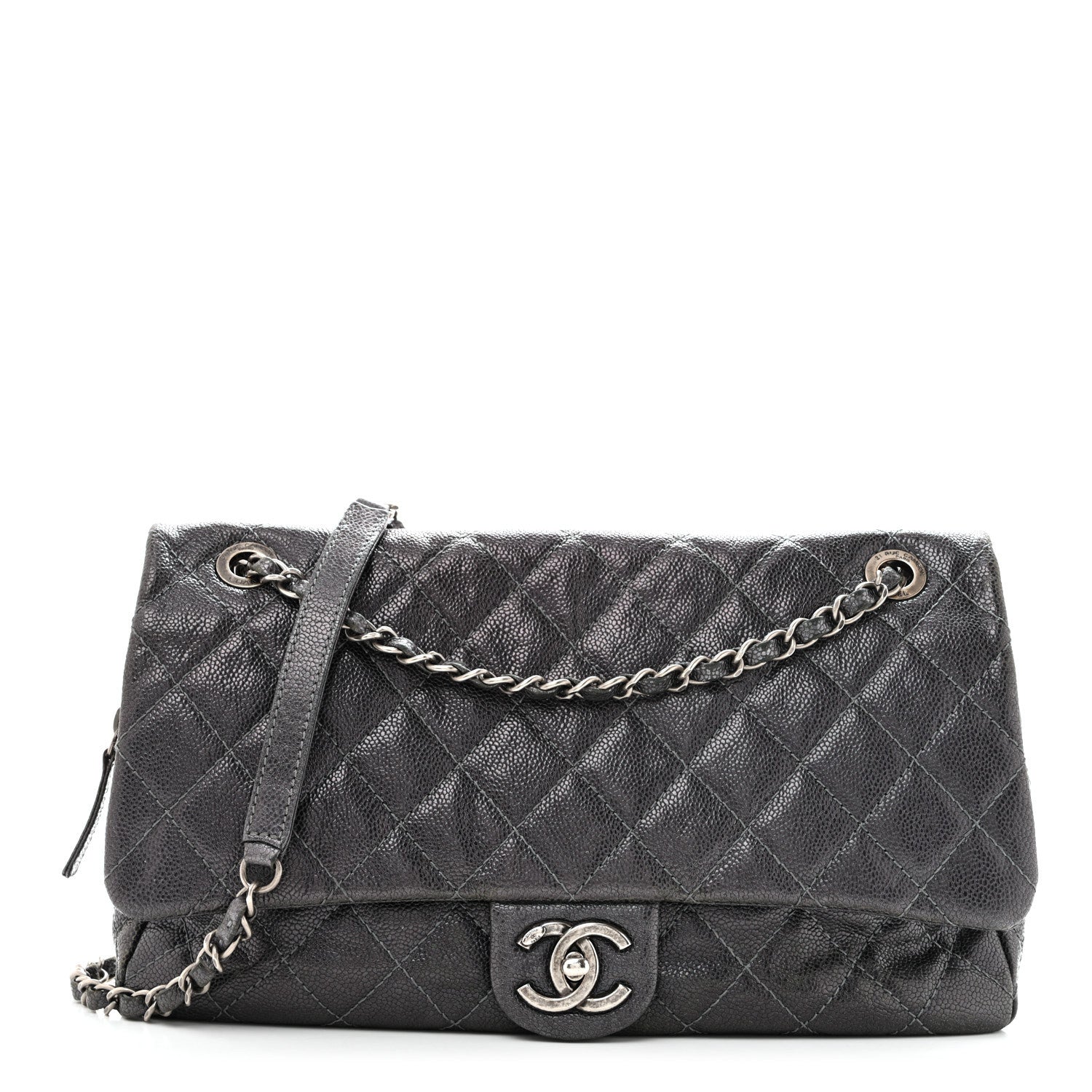 Iridescent Caviar Quilted Jumbo Easy Flap Silver