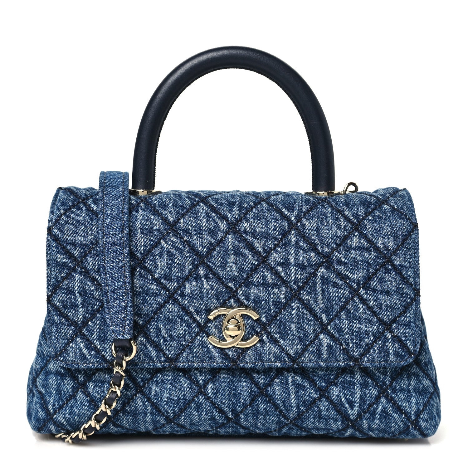 Washed Denim Quilted Mini Coco Handle Flap Blue