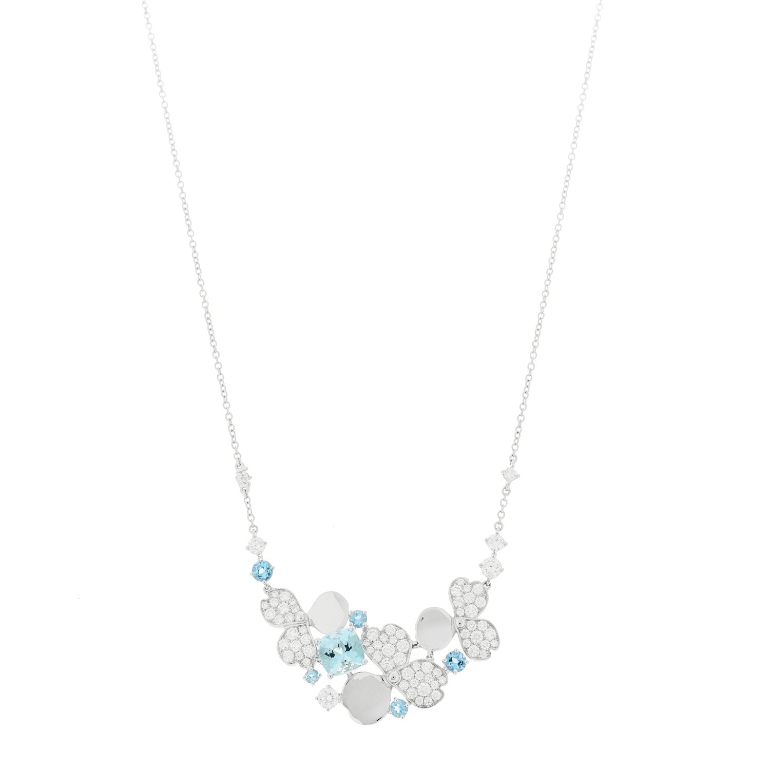 Platinum Diamond Aquamarine Paper Flowers Cluster Pendant Necklace
