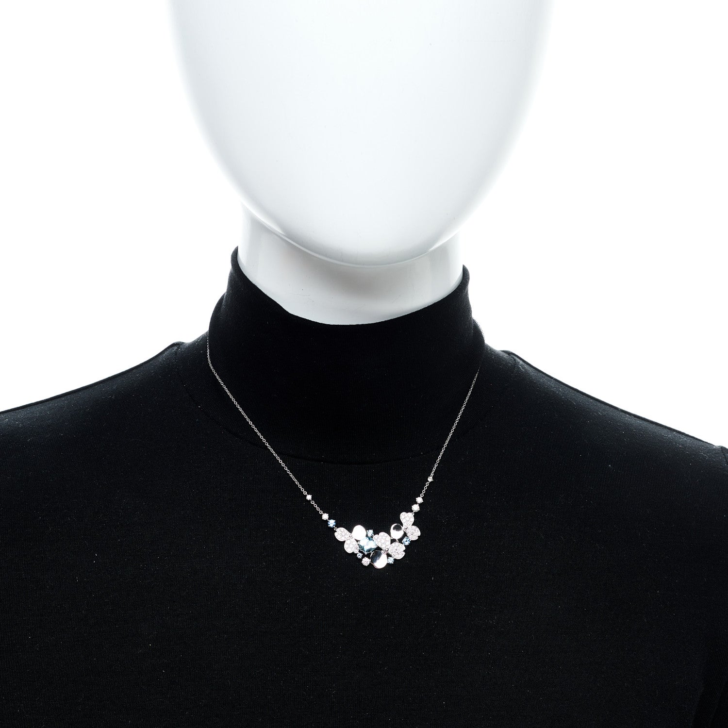 Platinum Diamond Aquamarine Paper Flowers Cluster Pendant Necklace — view 2