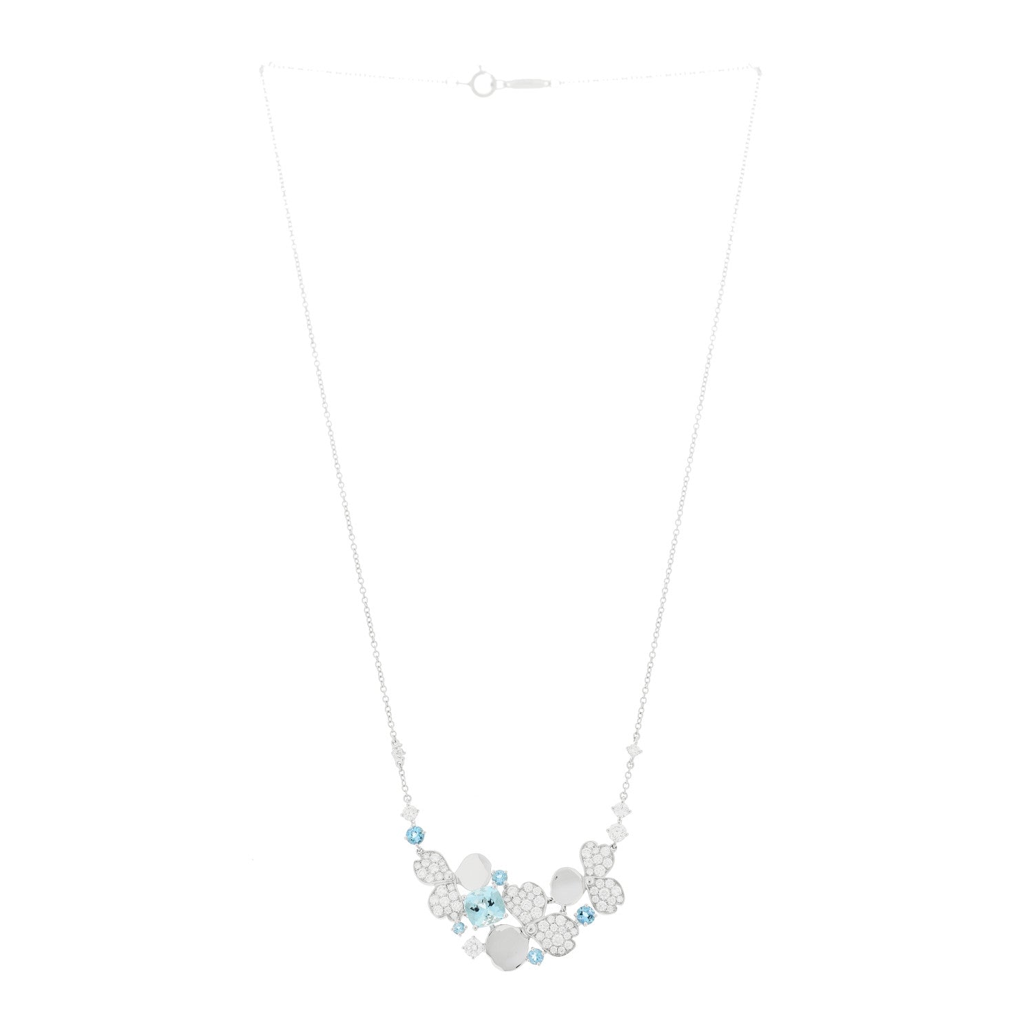 Platinum Diamond Aquamarine Paper Flowers Cluster Pendant Necklace — view 3