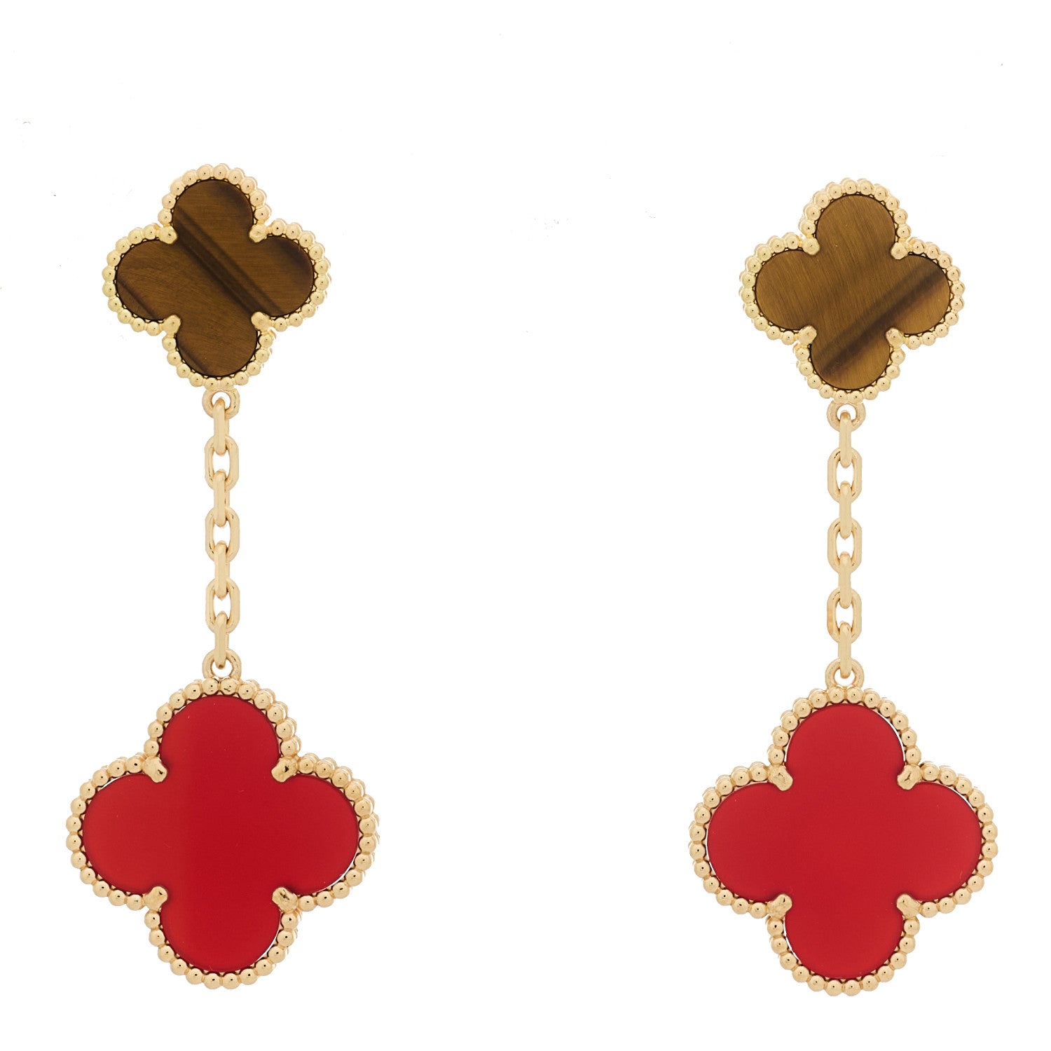 18K Yellow Gold Tiger Eye Carnelian 2 Motifs Magic Alhambra Earrings