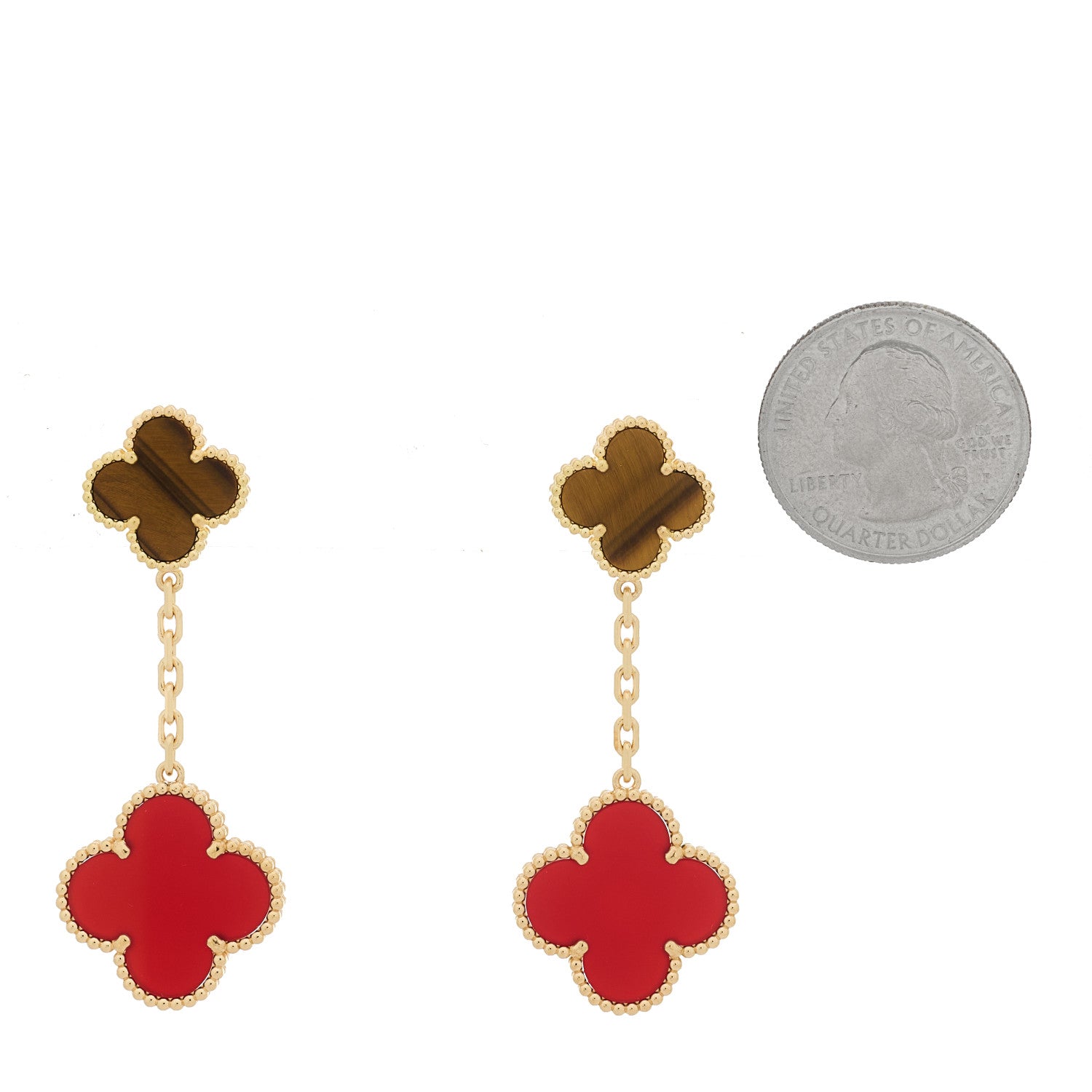 18K Yellow Gold Tiger Eye Carnelian 2 Motifs Magic Alhambra Earrings — view 2
